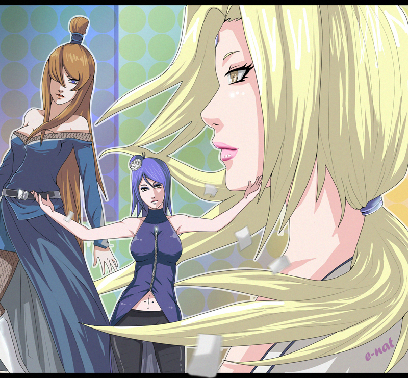 e-nat, konan, terumi mei, tsunade (naruto), naruto shippuuden, naruto, belt, blonde hair, blue eyes, blue hair, breasts, buckle, flower, hair tie, large breasts, lipstick, makeup, navel, red hair, yellow eyes