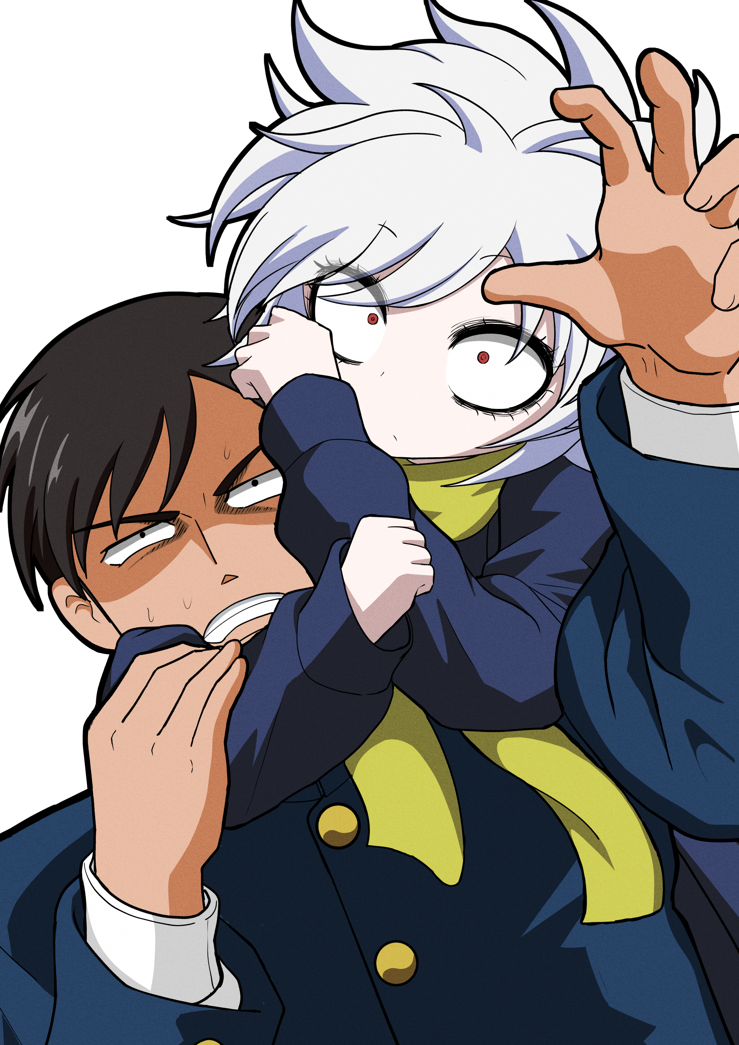 bishoujo rikishi, mechako (let's go kaikigumi), let's go kaikigumi, absurdres, check commentary, commentary request, highres, 1boy, 1girl, black eyes, constricted pupils, eyebrows hidden by hair, gakuran, looking at viewer, messy hair, partially shaded face, protagonist (let's go kaikigumi), red eyes, sanpaku, scarf, school uniform, simple background, sleeper hold, sweat, white background, white hair, wide-eyed, yellow scarf