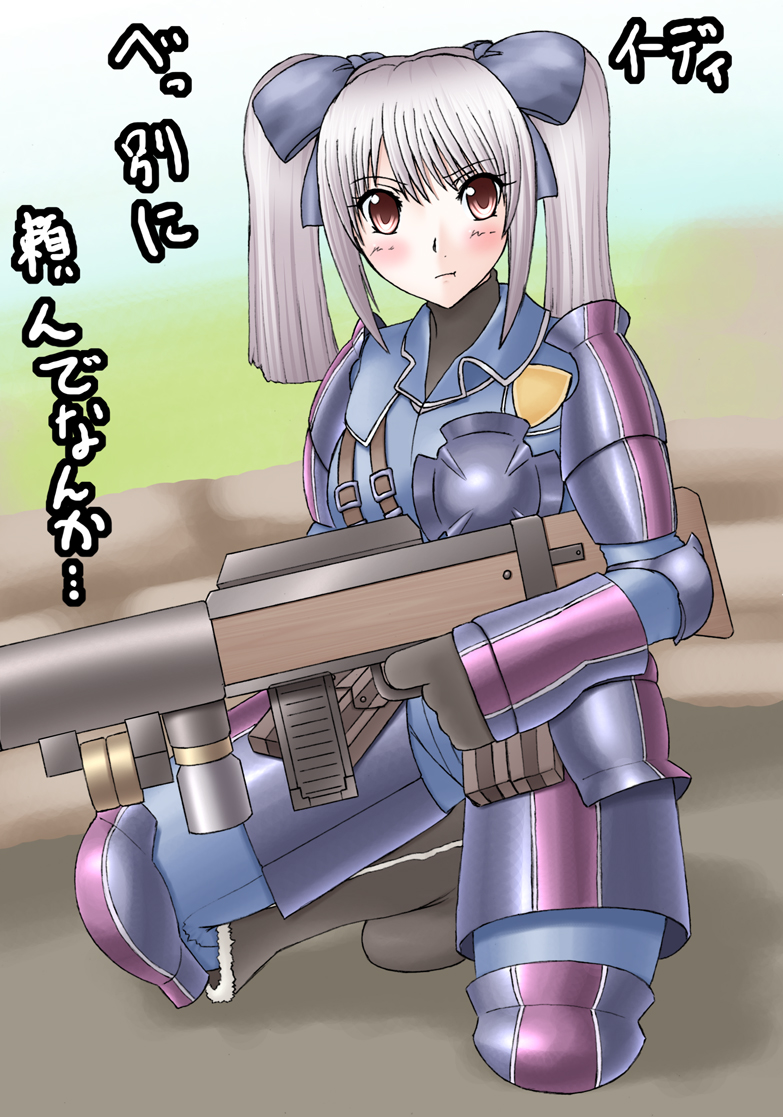 ichi no shiro ko, edy nelson, senjou no valkyria, senjou no valkyria (series), senjou no valkyria 1, translation request, 00s, 1girl, blue ribbon, blush, brown eyes, female focus, full body, grey hair, gun, kneeling, long hair, military, military uniform, outdoors, plant, ribbon, sky, solo, twintails, weapon