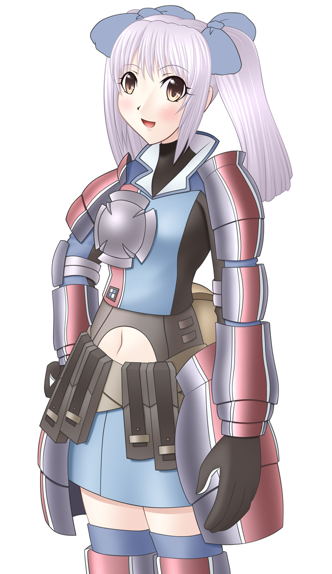 ichi no shiro ko, edy nelson, senjou no valkyria, senjou no valkyria (series), senjou no valkyria 1, 00s, 1girl, blue ribbon, brown eyes, female focus, grey hair, long hair, military, military uniform, navel, ribbon, simple background, skirt, solo, standing, thighhighs, twintails, white background