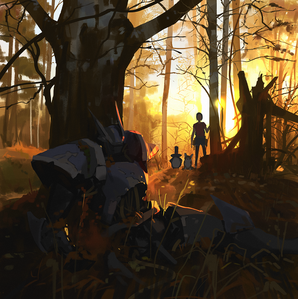 snatti, original, commentary, english commentary, highres, 1girl, bare tree, bird, dog, evening, forest, mecha, nature, outdoors, penguin, robot, scenery, science fiction, sun, sunset, tree, warm colored, welsh corgi