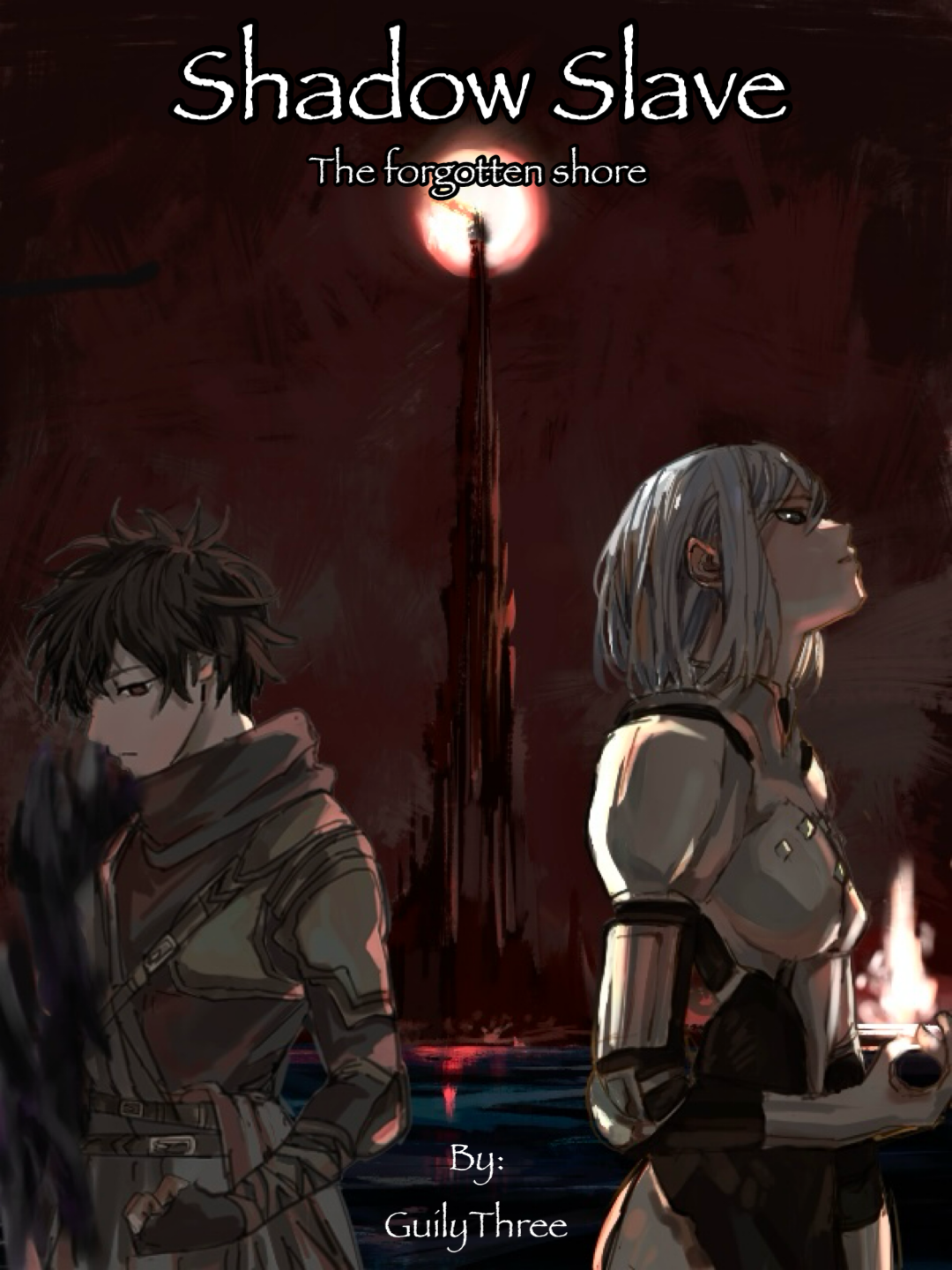 nephis (shadow slave), sunny (shadow slave), shadow slave, artist request, commentary, highres, 1boy, 1girl, arm guards, armor, black hair, black robe, black tunic, breastplate, clenched hand, copyright name, cowboy shot, english text, in-universe location, looking to the side, magic, red sun, robe, short hair, shoulder armor, sidelighting, sidelocks, spire, tunic, white hair