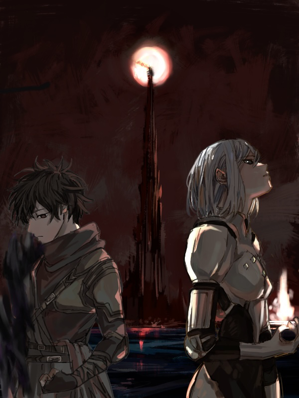 nephis (shadow slave), sunny (shadow slave), shadow slave, artist request, commentary, 1boy, 1girl, arm guards, armor, black hair, black robe, black tunic, breastplate, clenched hand, cowboy shot, in-universe location, looking to the side, magic, red sun, robe, short hair, shoulder armor, sidelighting, sidelocks, spire, tunic, white hair