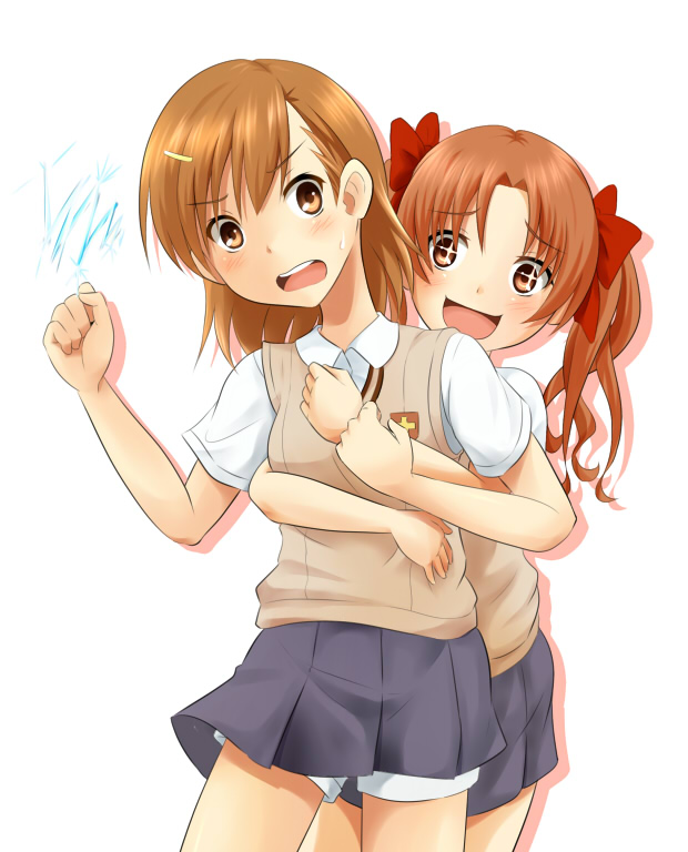 tsuchifumazu, misaka mikoto, shirai kuroko, toaru kagaku no railgun, toaru majutsu no index, bad id, bad pixiv id, + +, 00s, 2girls, blush, bow, brown eyes, brown hair, electricity, electrokinesis, hair bow, hair ornament, hairclip, hug, hug from behind, multiple girls, school uniform, short hair, shorts, standing, sweater vest, twintails, yuri