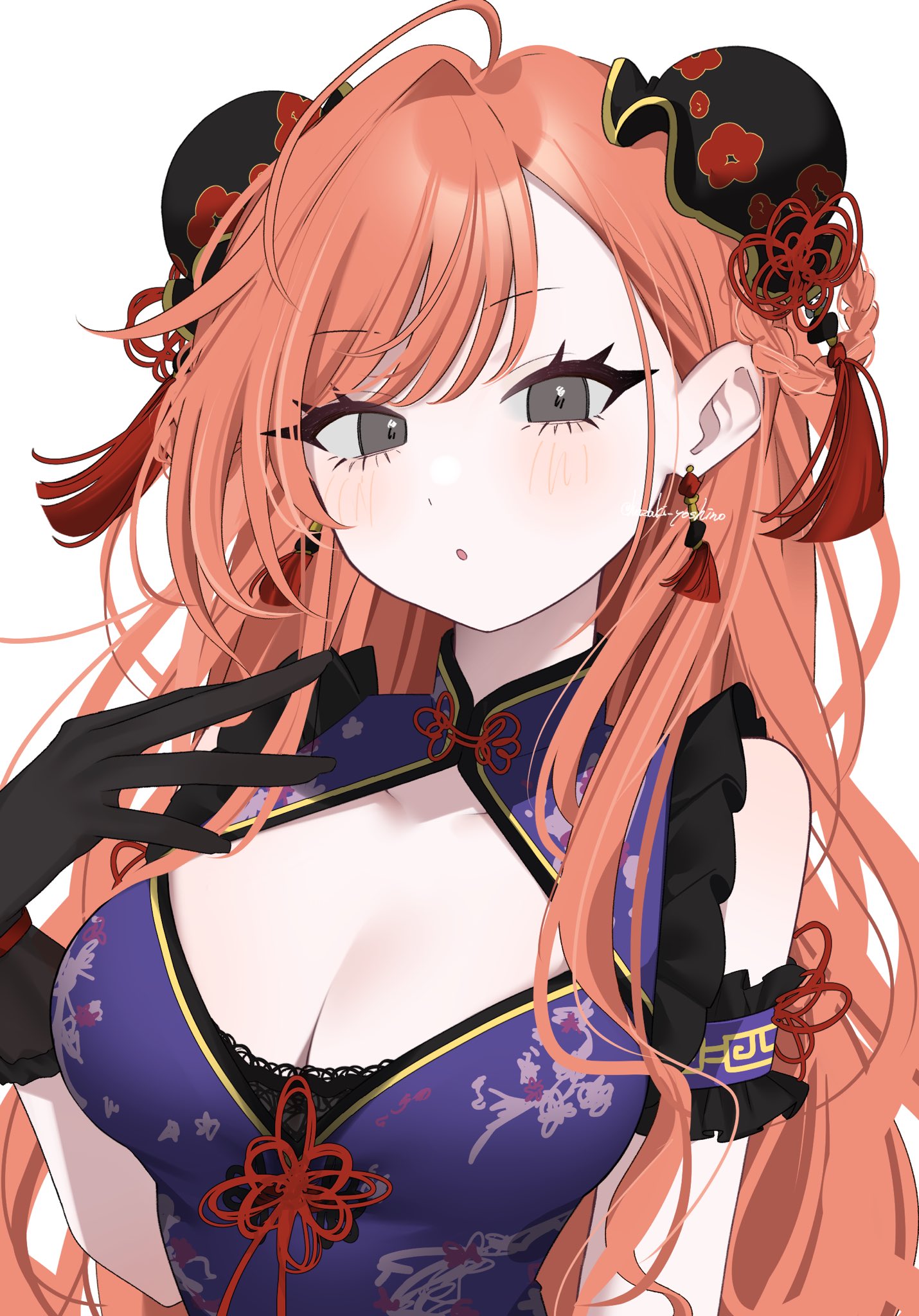 hazaki yoshino, arisugawa natsuha, idolmaster, idolmaster shiny colors, commentary request, highres, 1girl, :o, ahoge, black gloves, blush, breasts, bun cover, china dress, chinese clothes, cleavage, cleavage cutout, clothing cutout, double bun, dress, earrings, gloves, grey eyes, hair bun, hand up, jewelry, long hair, looking at viewer, orange hair, parted lips, print dress, purple dress, simple background, solo, upper body, white background