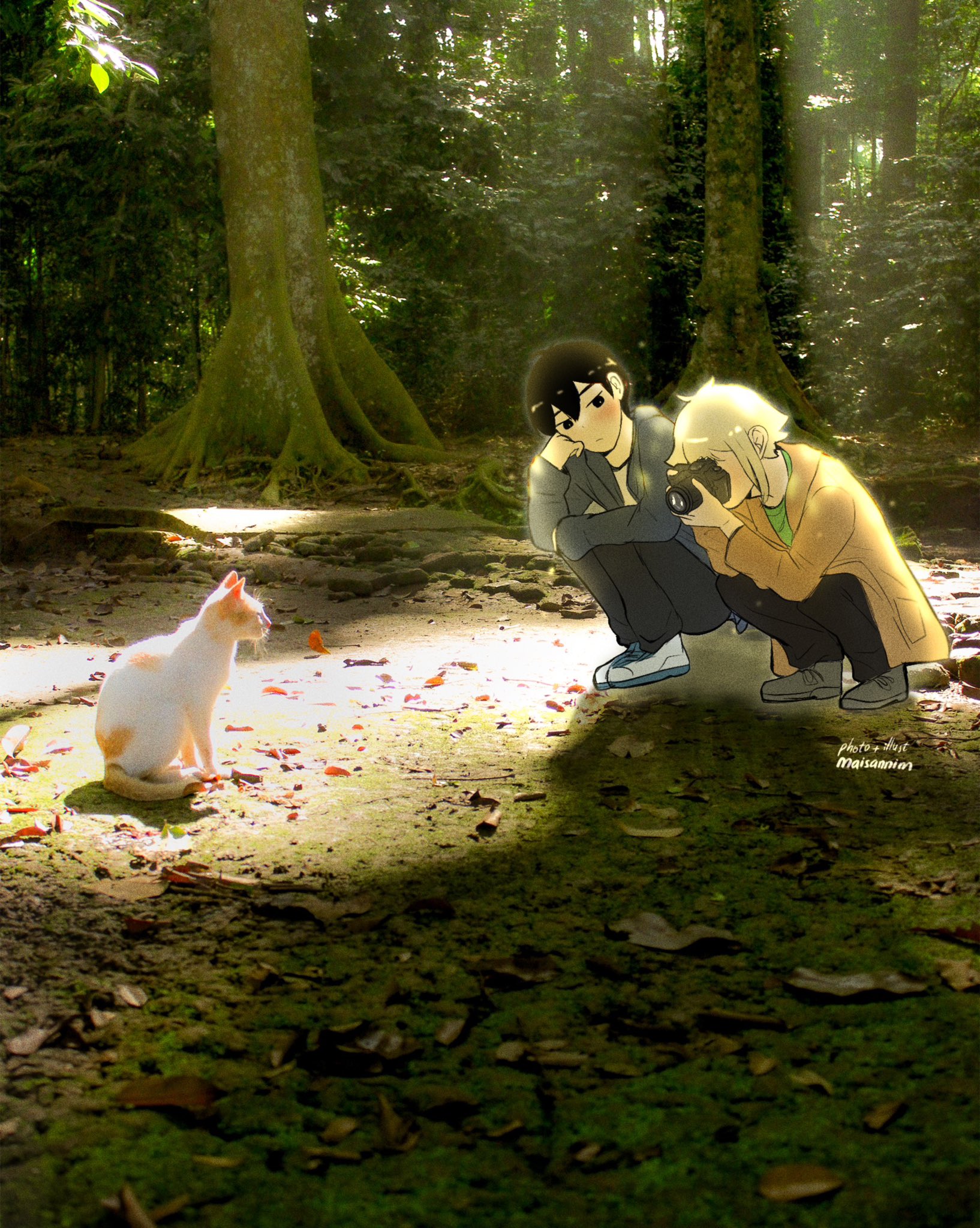 basil (faraway) (omori), basil (omori), sunny (omori), omori, commentary, english commentary, highres, 2boys, alternate costume, antenna hair, artist name, black pants, blonde hair, blue jacket, blush, bright pupils, brown jacket, camera, cat, closed mouth, day, double-parted bangs, forest, grey shoes, hair between eyes, holding, holding camera, hood, hood down, hooded jacket, jacket, long sleeves, looking at another, maisani, multiple boys, nature, open clothes, open jacket, outdoors, pants, photo background, shoes, short hair, sidelocks, sneakers, squatting, tree, white pupils, white shoes