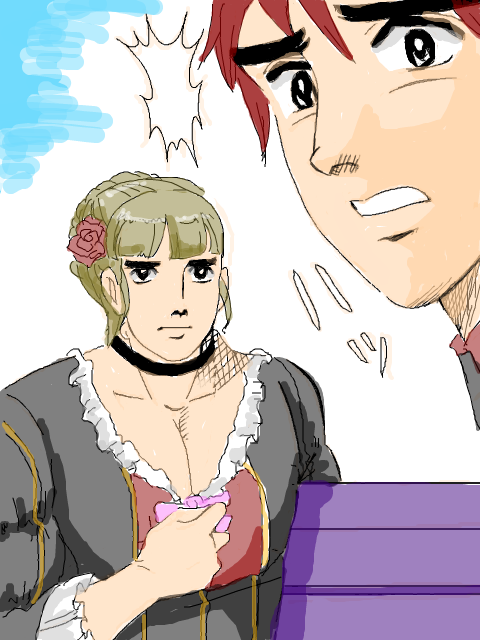 masewo, abe takakazu, beatrice (umineko), michishita masaki, ushiromiya battler, kuso miso technique, umineko no naku koro ni, 1boy, 1girl, man face, parody, tegaki, yaranaika