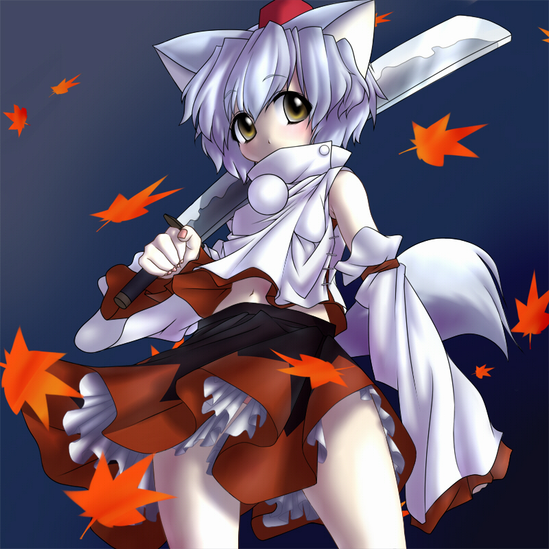 geppewi, inubashiri momiji, touhou, silver hair, bad id, bad pixiv id, 1girl, animal ears, detached sleeves, female focus, gradient background, hat, leaf, midriff, navel, short hair, solo, tail, tokin hat, wolf ears, wolf tail, yellow eyes