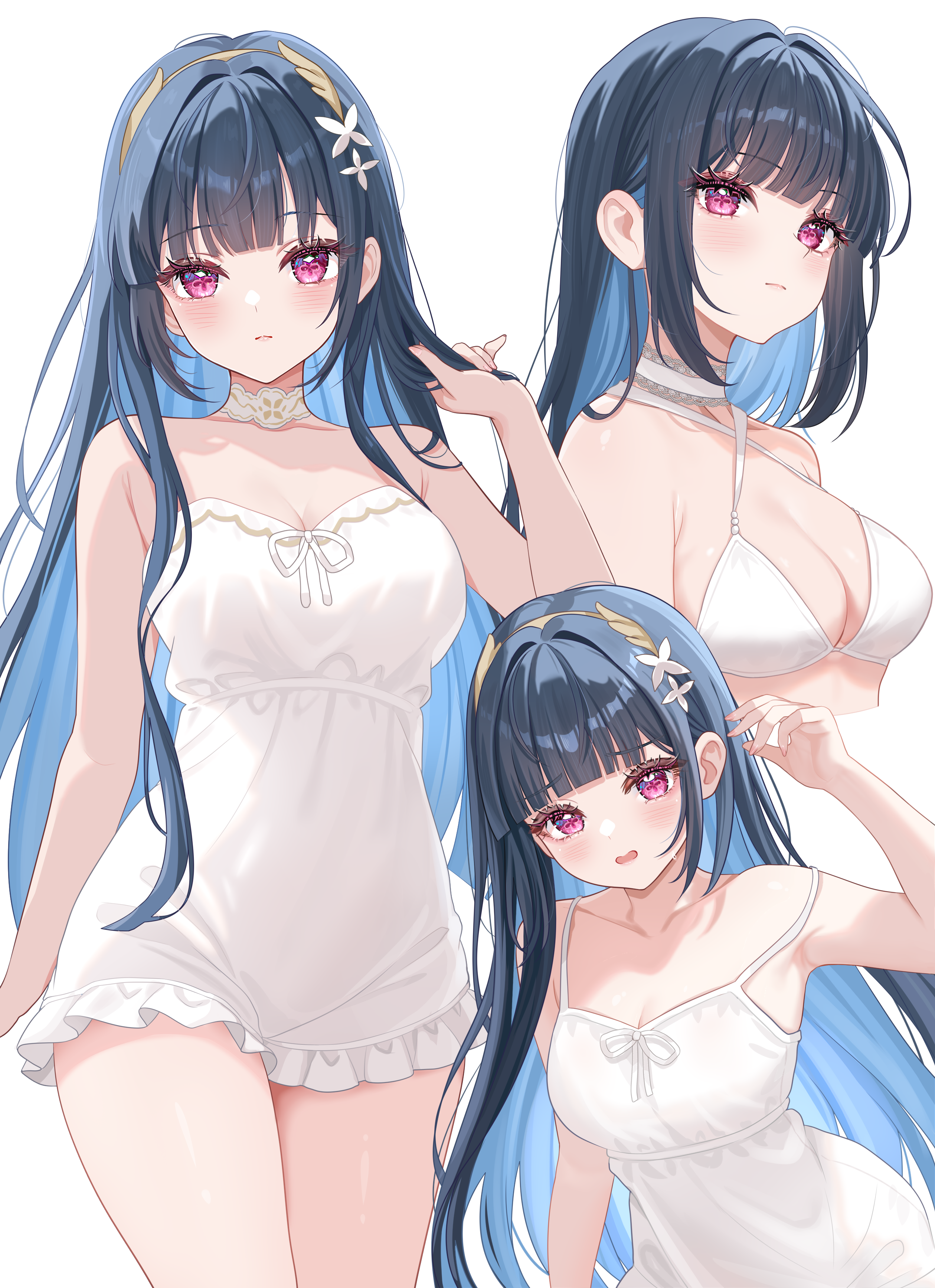 bibixart, nazuka (stella sora), stella sora, absurdres, highres, 1girl, arm up, armpits, bare shoulders, bikini, black hair, blue hair, breasts, choker, cleavage, closed mouth, colored inner hair, cowboy shot, criss-cross halter, dress, flower-shaped pupils, frilled dress, frills, hair ornament, halterneck, hand in own hair, hand up, long hair, looking at viewer, medium breasts, multicolored hair, multiple views, open mouth, pink eyes, ribbon, simple background, sleeveless, sleeveless dress, strapless, strapless dress, sundress, swimsuit, symbol-shaped pupils, tiara, two-tone hair, very long hair, white background, white bikini, white choker, white dress, white ribbon