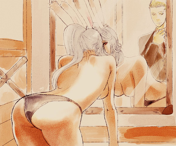 nu (artist), balflear, fran, final fantasy, final fantasy xii, animal ears, ass, bent over, breasts, couple, dark skin, dressing, mirror, no nipples, panties, rabbit ears, red eyes, topless female, underwear, viera, white hair