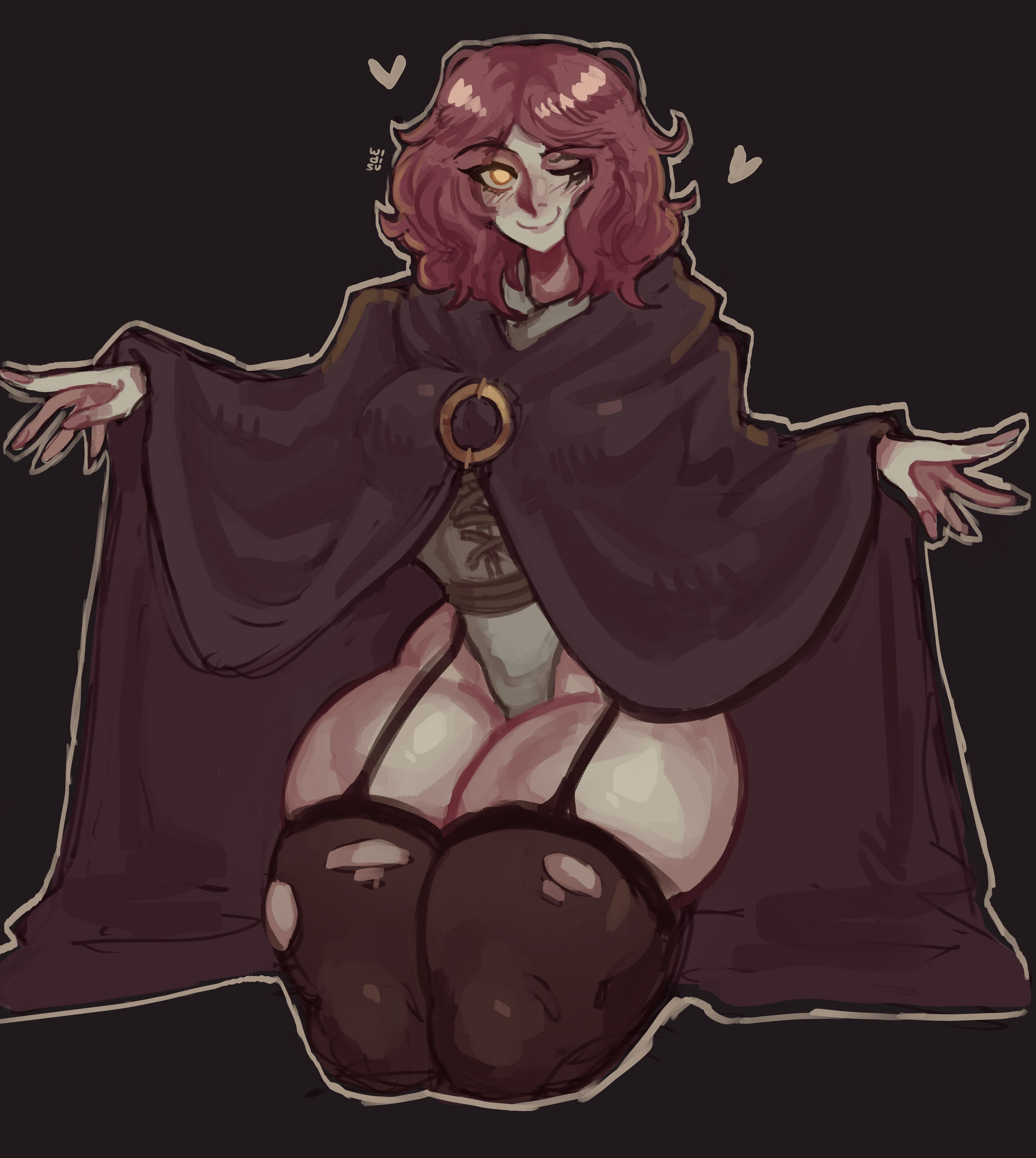 widisu, melina (elden ring), elden ring, absurdres, commentary, english commentary, highres, 1girl, black background, black cloak, black thighhighs, breasts, brown hair, cloak, closed mouth, facial mark, full body, garter straps, grey leotard, hands up, heart, hood, hood down, hooded cloak, leotard, leotard under clothes, looking at viewer, medium breasts, one eye closed, parted bangs, seiza, short hair, simple background, sitting, smile, solo, thick eyebrows, thighhighs, torn clothes, torn thighhighs, yellow eyes