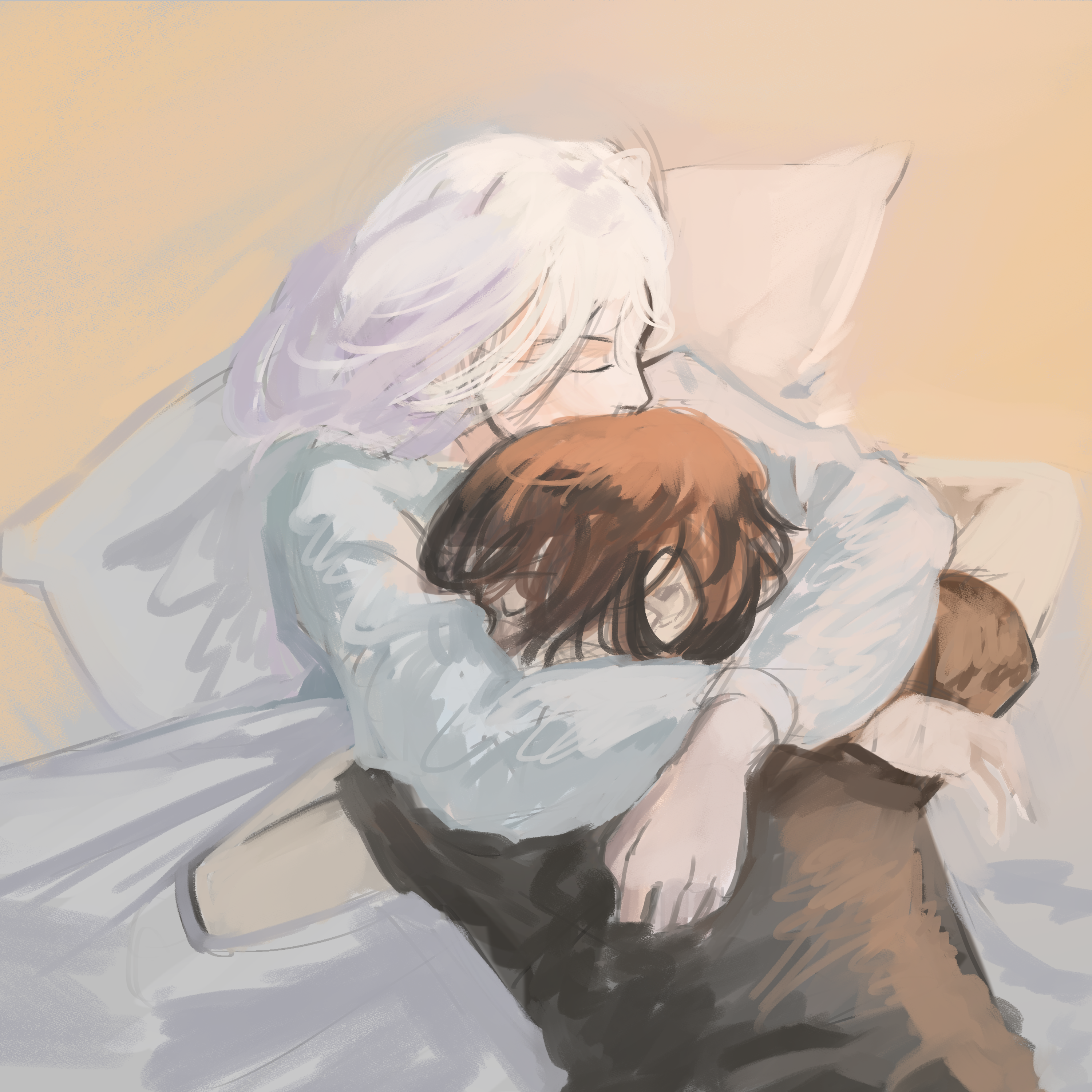logicsterrr, nephis (shadow slave), sunny (shadow slave), shadow slave, absurdres, highres, 1boy, 1girl, arm around neck, black hair, black shirt, closed eyes, hetero, hug, lying, on back, on stomach, pillow, shirt, short hair, sleeping, sleeping on person, under covers, white hair, white shirt