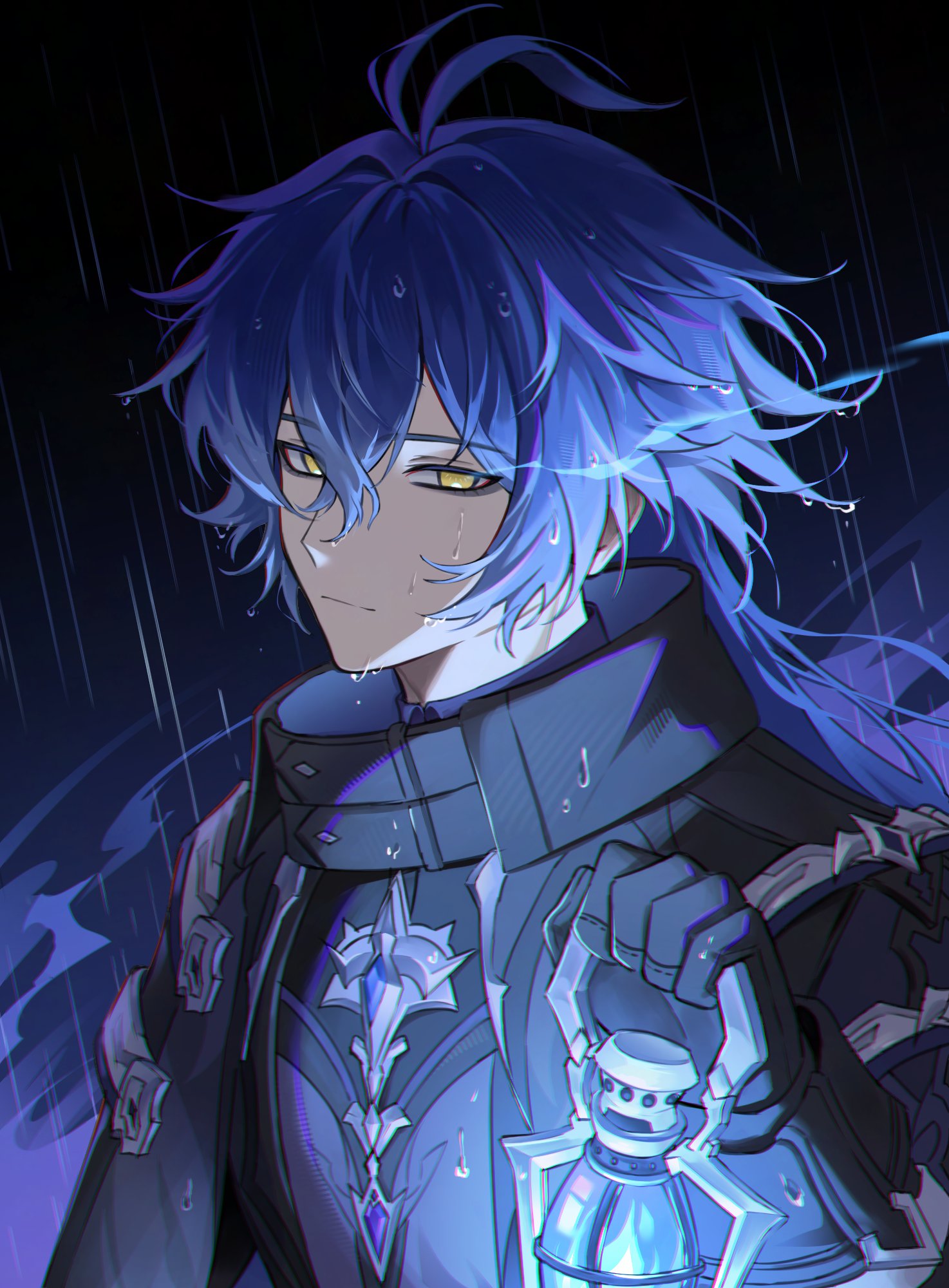 rio (rio773), flins (genshin impact), genshin impact, hashtag-only commentary, highres, antenna hair, arm up, black capelet, black gloves, capelet, closed mouth, crossed bangs, gloves, holding, holding gloves, holding unworn clothes, long hair, long sleeves, looking to the side, rain, sleeve cuffs, unworn gloves, upper body, wet, wet hair, yellow eyes
