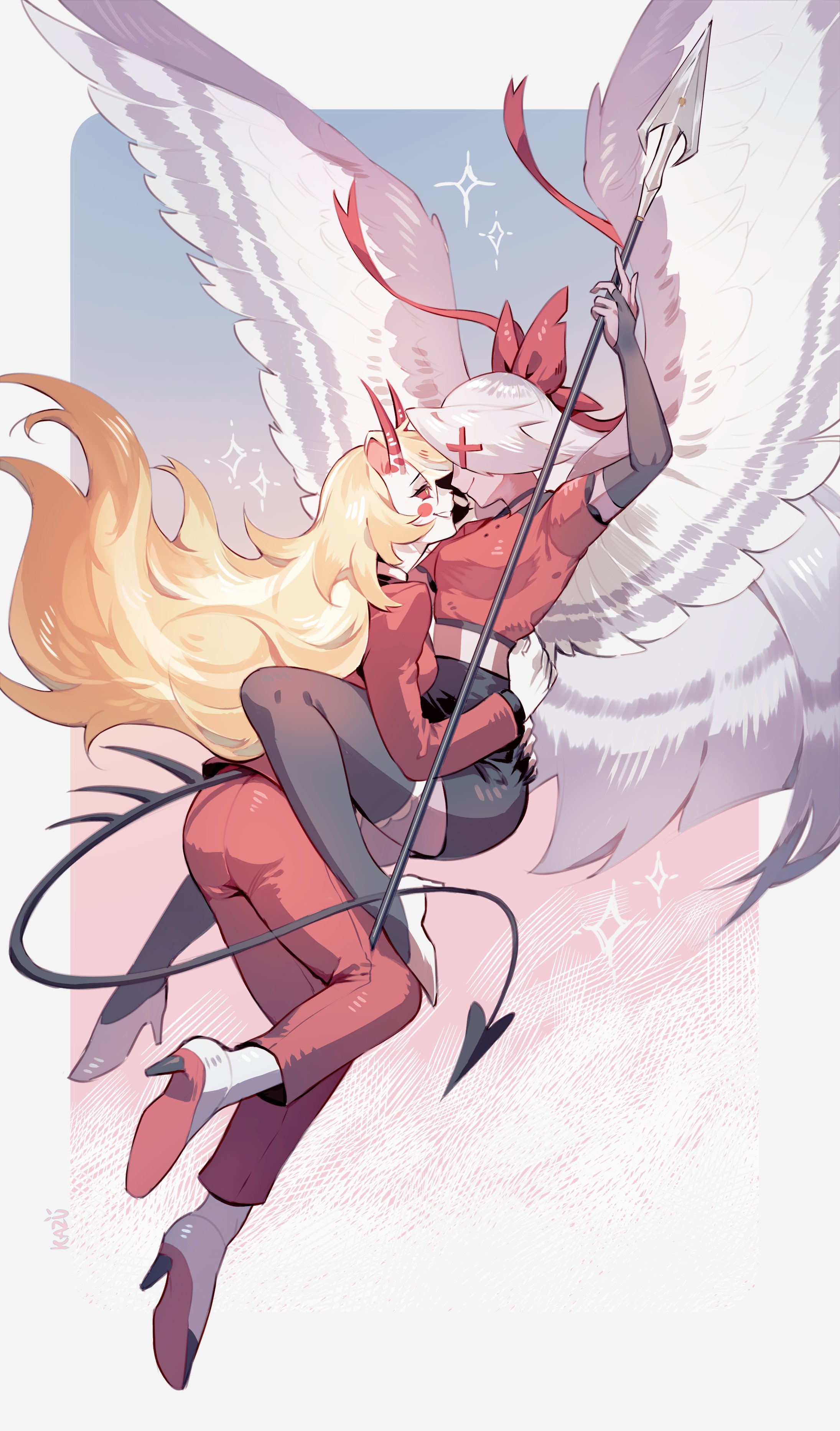 kazuya (kozun), charlie morningstar, vaggie, hazbin hotel, hellaverse, absurdres, commentary, english commentary, highres, 2girls, angel, angel and devil, angel wings, black nails, bow, bridal gauntlets, circle facial mark, colored sclera, colored skin, couple, demon girl, demon horns, demon tail, fingernails, formal clothes, grey hair, grey wings, hair bow, hair down, hair over one eye, high heels, holding, holding polearm, holding weapon, horns, hug, long fingernails, long hair, looking at another, miniskirt, multiple girls, polearm, red bow, red horns, red sclera, red suit, sharp fingernails, skirt, smile, spear, suit, tail, thighhighs, very long hair, weapon, white skin, wings, yuri