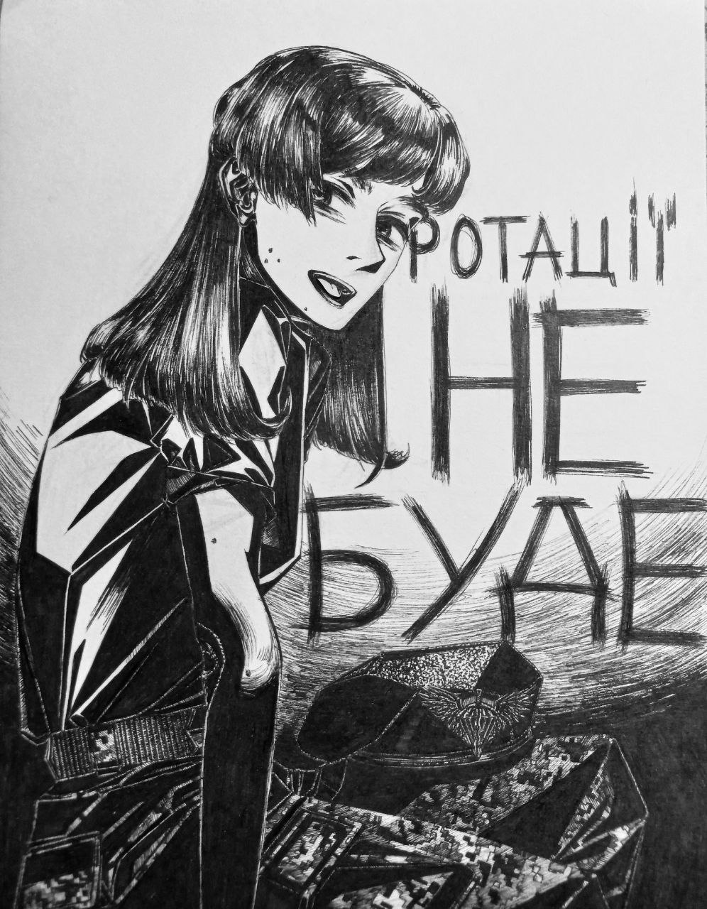 original, highres, photo (medium), translation request, 1girl, belt, beret, bordfunker133, camouflage, camouflage pants, digital camouflage, greyscale, hat, long hair, looking at viewer, mole, monochrome, no headwear, open mouth, pants, russo-ukrainian war, sasha shoshnikova, shirt, sitting, sleeves rolled up, smile, soldier, solo, teeth, tongue, ukrainian text, ukrainian vdv, unworn headwear, vdv