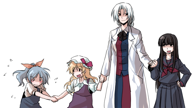 re ghotion, houraisan kaguya, watatsuki no toyohime, watatsuki no yorihime, yagokoro eirin, touhou, 4girls, aged down, alternate costume, female focus, hat, holding hands, multiple girls, school uniform, serafuku