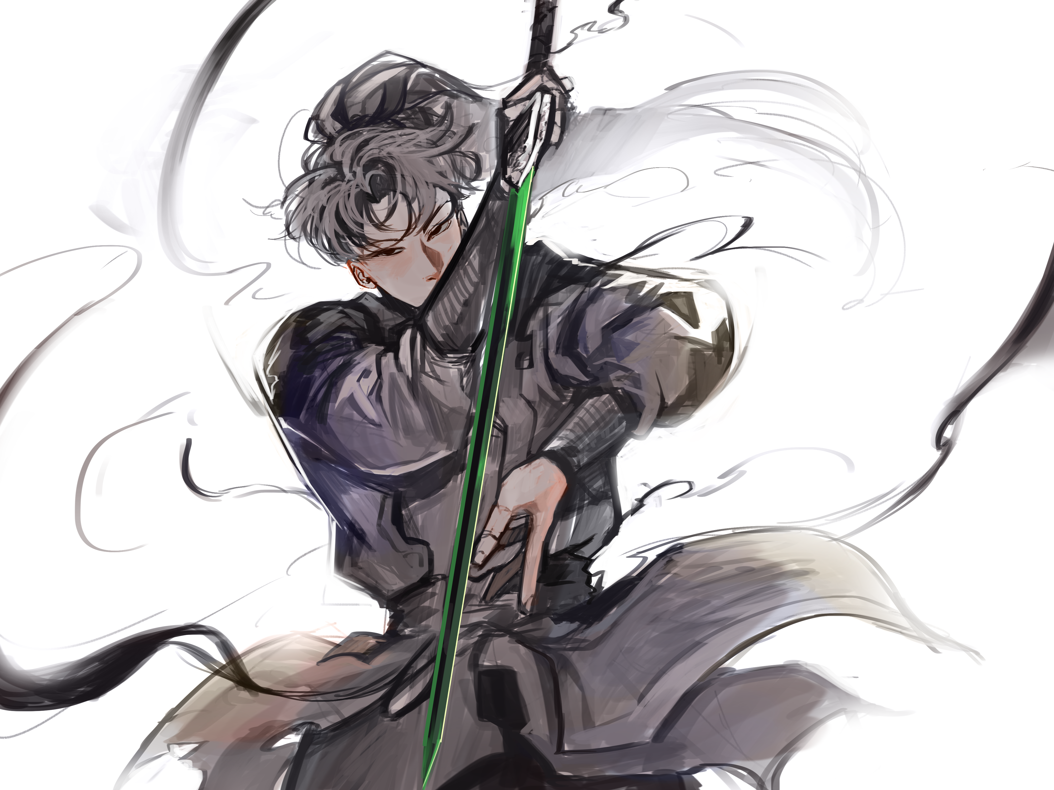 logicsterrr, sunny (shadow slave), shadow slave, absurdres, highres, 1boy, black eyes, black hair, black robe, cowboy shot, curtained hair, high ponytail, holding, holding sword, holding weapon, looking at viewer, male focus, ponytail, robe, serious, short hair, solo, sword, weapon