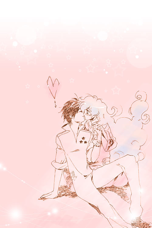 yukimitsuki, nia teppelin, simon (ttgl), tengen toppa gurren lagann, 00s, 1boy, 1girl, blue hair, closed eyes, couple, heart, hetero, kiss, monochrome, multicolored hair, pink theme