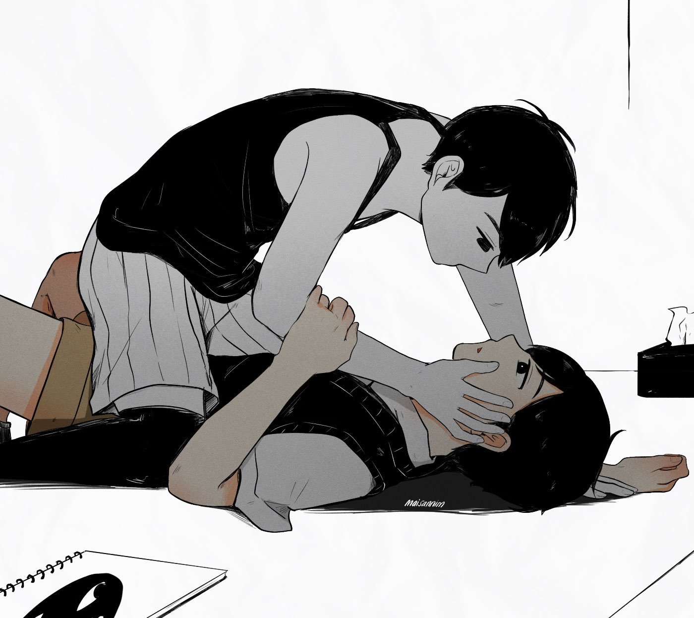 something (omori), omori, commentary, english commentary, highres, 2boys, antenna hair, arm up, artist name, black eyes, black hair, black socks, black sweater vest, bright pupils, brown shorts, collared shirt, colored skin, dual persona, kneehighs, looking at another, lying, maisani, male focus, multiple boys, on back, parted lips, shirt, short hair, short sleeves, shorts, sketchbook, socks, striped clothes, striped shorts, sweater vest, tissue, tissue box, vertical-striped clothes, vertical-striped shorts, white pupils, white shirt, white shorts, white skin