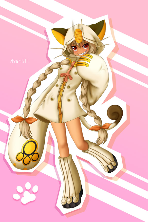 aoi kanan, meowth, taokaka, arc system works, blazblue, nintendo, pokemon, 1girl, animal ears, animal hood, blonde hair, braid, breasts, cat ears, cat girl, cat hood, cat tail, claws, cosplay, costume, female focus, full body, gen 1 pokemon, grin, hood, hoodie, kneehighs, long hair, meowth (cosplay), parody, red eyes, smile, socks, solo, tail, twin braids