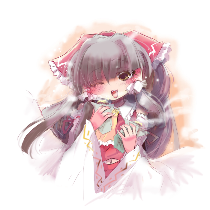usoneko, hakurei reimu, touhou, bad id, bad pixiv id, 1girl, blush, detached sleeves, eating, female focus, food, japanese clothes, miko, one eye closed, potato, solo, wink