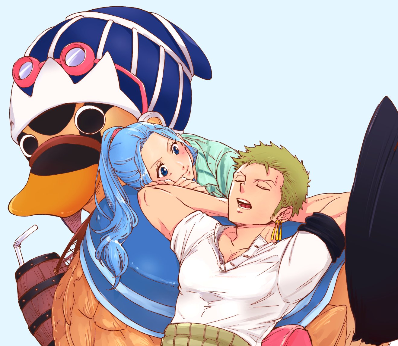 chabo (niwatori bosori), karoo (one piece), nefertari vivi, roronoa zoro, one piece, commentary request, 1boy, 1girl, arms behind head, bird, blue background, blue hair, blush, closed eyes, drinking straw, duck, earrings, goggles, goggles on headwear, green hair, hat, jewelry, looking at another, ponytail, short hair, sidelocks, simple background, sleeping, smile