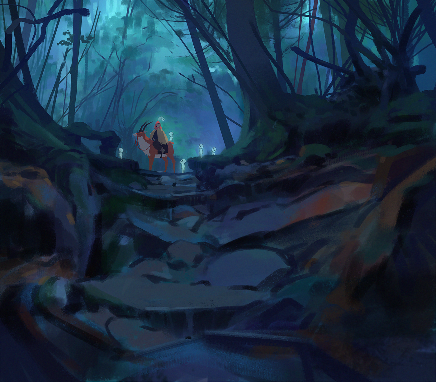 snatti, kodama, san (mononoke hime), mononoke hime, character request, check character, commentary, english commentary, highres, 1girl, animal, cool colored, forest, nature, outdoors, riding, riding animal, scenery, tree, very wide shot