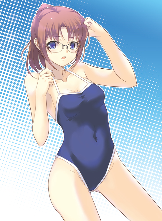 dasoku sentarou, 1girl, blue eyes, brown hair, competition school swimsuit, covered navel, female focus, glasses, one-piece swimsuit, school swimsuit, short hair, solo, swimsuit