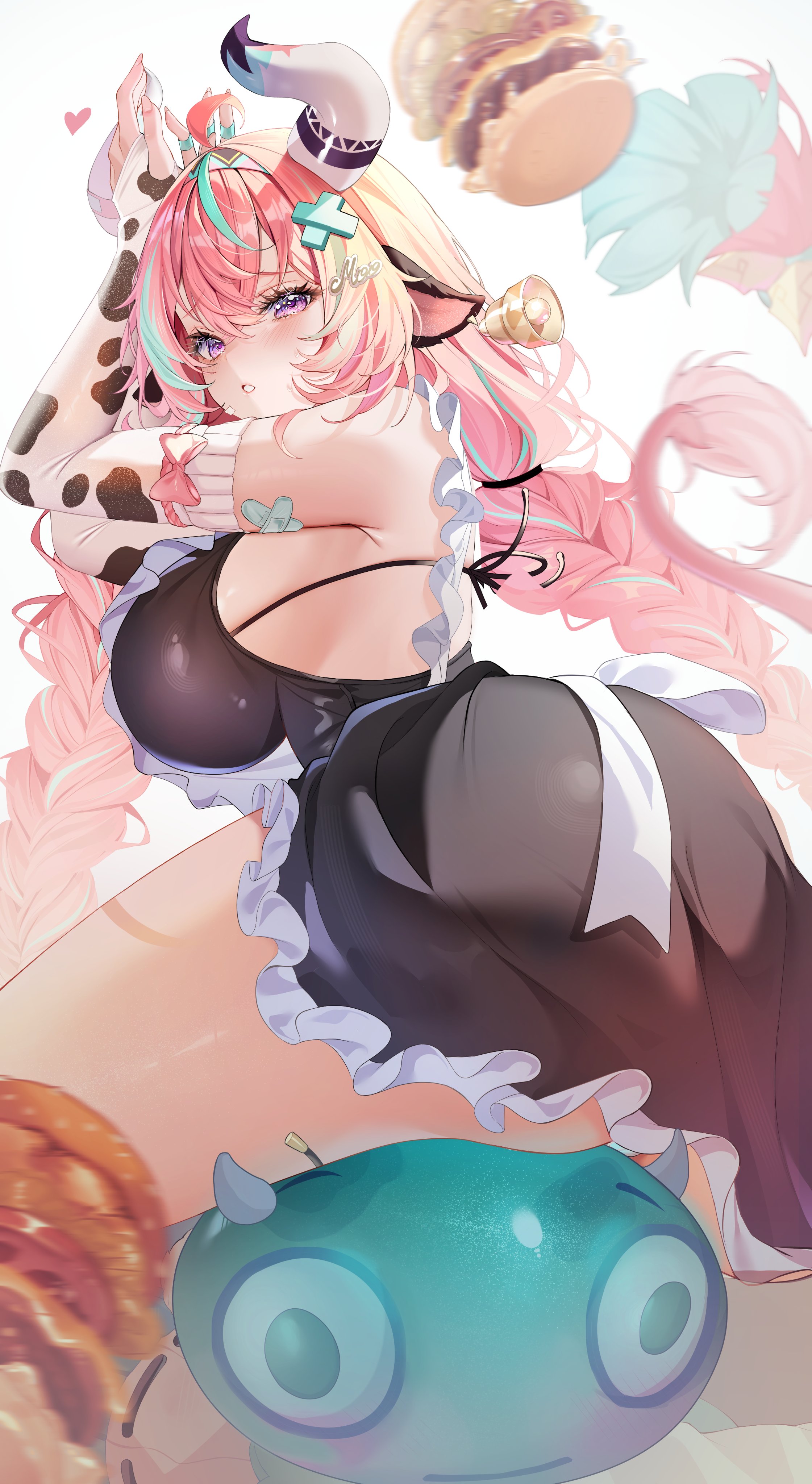 isari sensei, hydro slime (genshin impact), slime (genshin impact), varesa (genshin impact), genshin impact, absurdres, commentary, hashtag-only commentary, highres, 1girl, ahoge, animal ears, animal print, arms up, ass, ass focus, bell, bikini, blush, bow, breasts, burger, cheese, cow ears, cow girl, cow print, cow print gloves, cowbell, fingerless gloves, fingernails, flushed face emoji, food, from behind, from side, gloves, hair between eyes, hair ornament, large breasts, lettuce, long hair, looking at viewer, looking to the side, pink bow, pink hair, print bikini, print gloves, purple eyes, solo, swimsuit, tail, tomato, very long hair, wet, white background, x hair ornament