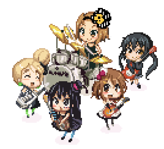bou (artist), akiyama mio, hirasawa yui, kotobuki tsumugi, nakano azusa, tainaka ritsu, don't say "lazy", k-on!, 00s, 5girls, band (music), drum, electric guitar, everyone, gibson les paul, guitar, ho-kago tea time, instrument, keyboard, keyboard (instrument), multiple girls, mustang (guitar), pixel art