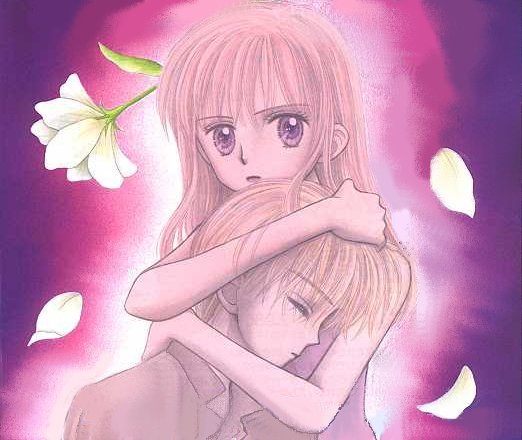 obana miho, hayama akito, kurata sana, kodomo no omocha, official art, 1990s (style), 1boy, 1girl, blonde hair, closed eyes, couple, flower, head rest, hetero, hug, purple eyes, red hair, short hair