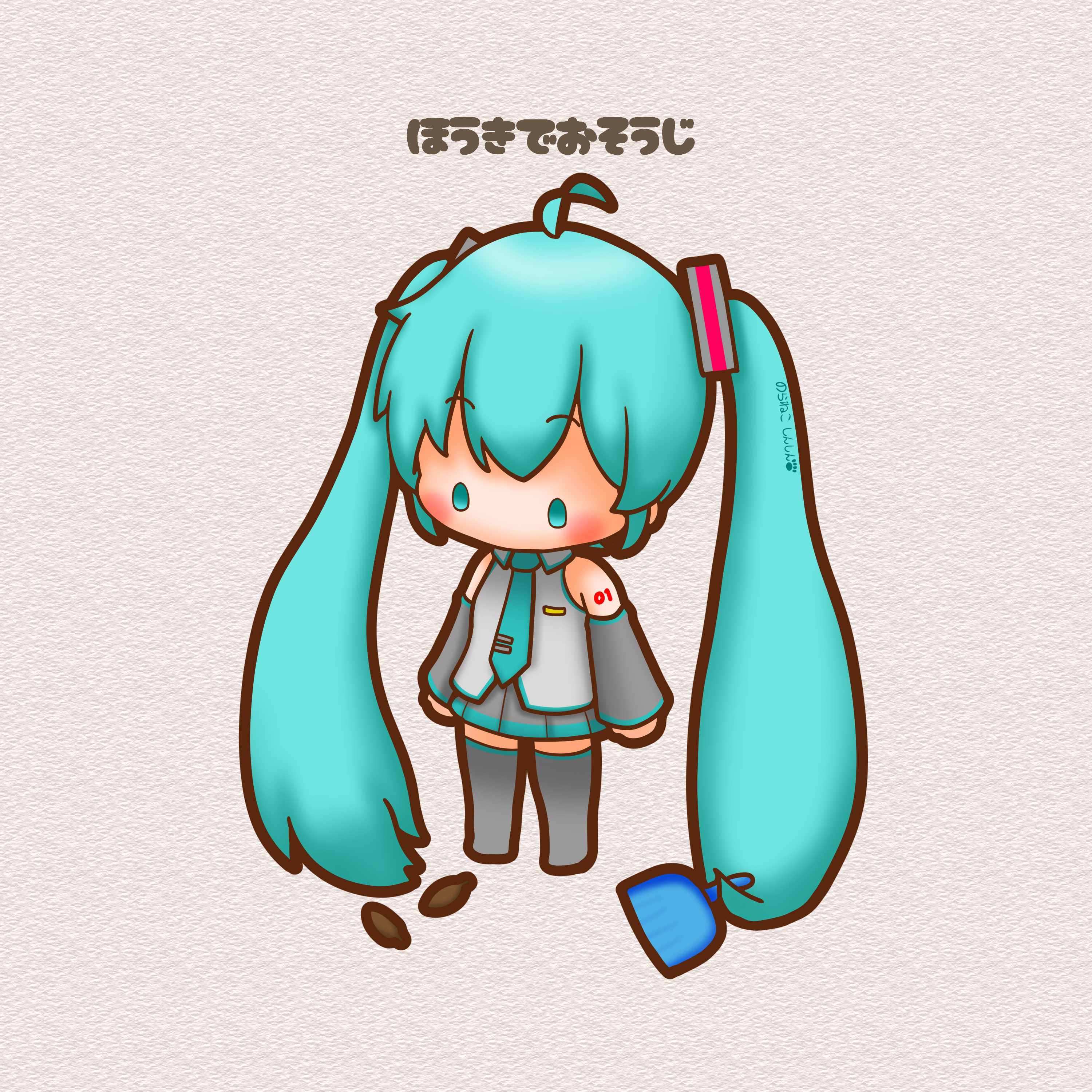 sh1n chan, hatsune miku, vocaloid, absurdres, commentary request, highres, 1girl, ahoge, aqua eyes, aqua hair, aqua necktie, arms at sides, boots, chibi, chibi only, detached sleeves, full body, long hair, miniskirt, necktie, prehensile hair, shirt, skirt, sleeveless, sleeveless shirt, solo, standing, sweeping, thick outlines, thigh boots, twintails, very long hair