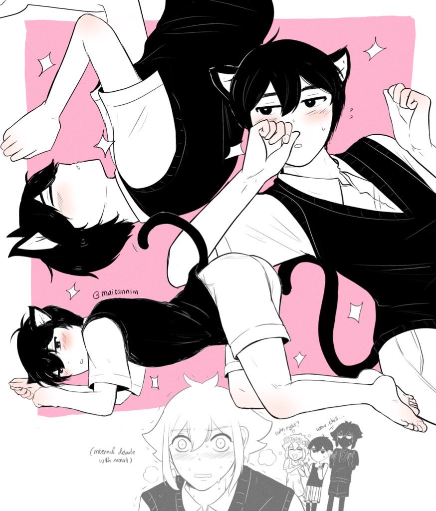 basil (faraway) (omori), basil (headspace) (omori), basil (omori), omori (omori), stranger (omori), sunny (omori), omori, commentary, commentary request, english commentary, mixed-language commentary, 5boys, animal ears, antenna hair, artist name, black eyes, black hair, black sweater vest, blush, bright pupils, cat boy, cat ears, cat tail, collared shirt, double-parted bangs, english text, flower, flower wreath, flying sweatdrops, hair between eyes, head wreath, kemonomimi mode, looking at another, looking at viewer, maisani, multiple boys, parted lips, shirt, short hair, shorts, sidelocks, sparkle, sweat, sweater vest, tail, tank top, white pupils, white shirt