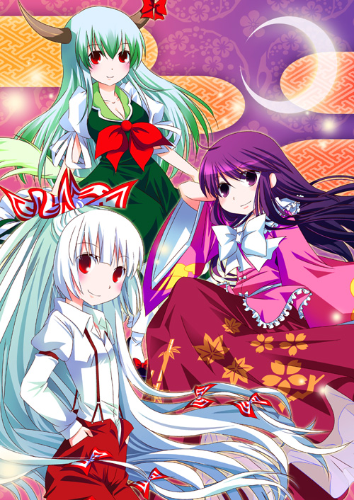 ogakuru, ex-keine, fujiwara no mokou, houraisan kaguya, kamishirasawa keine, touhou, silver hair, 3girls, black hair, bow, female focus, green hair, hair bow, hair ribbon, horns, long hair, multiple girls, multiple hair bows, red eyes, ribbon, standing, suspenders