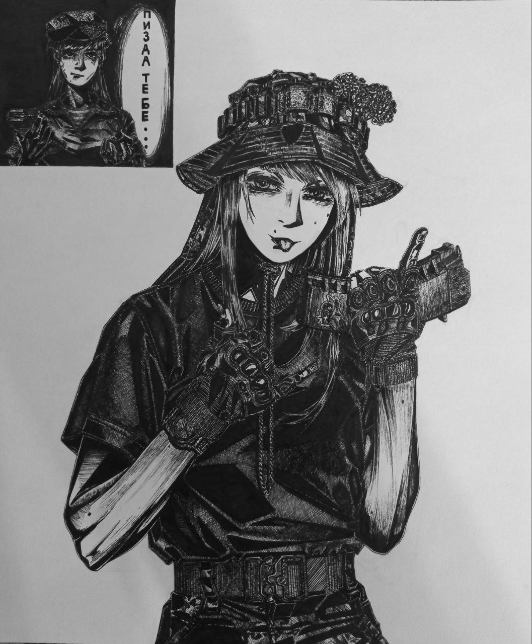 original, waist belt, highres, photo (medium), 1girl, 2girls, beret, black gloves, black jacket, black shirt, bonnet, bordfunker133, camouflage, camouflage pants, digital camouflage, evgenia blinova, gloves, greyscale, hat, holding, holding magazine (weapon), jacket, long hair, magazine (weapon), monochrome, multiple girls, narrowed eyes, pants, russo-ukrainian war, sasha shoshnikova, shirt, short sleeves, soldier, striped clothes, striped shirt, tactical gloves, telnyashka, tongue, tongue out, ukrainian vdv, vdv, war in donbass