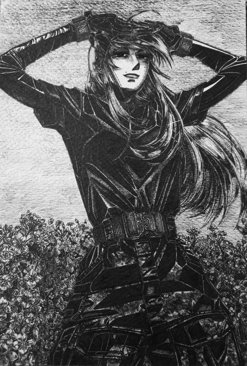 original, waist belt, highres, photo (medium), 1girl, arms up, belt, black jacket, bordfunker133, camouflage, camouflage pants, digital camouflage, evgenia blinova, greyscale, grin, hands in own hair, jacket, long hair, looking at viewer, monochrome, pants, russo-ukrainian war, smile, soldier, solo, war in donbass