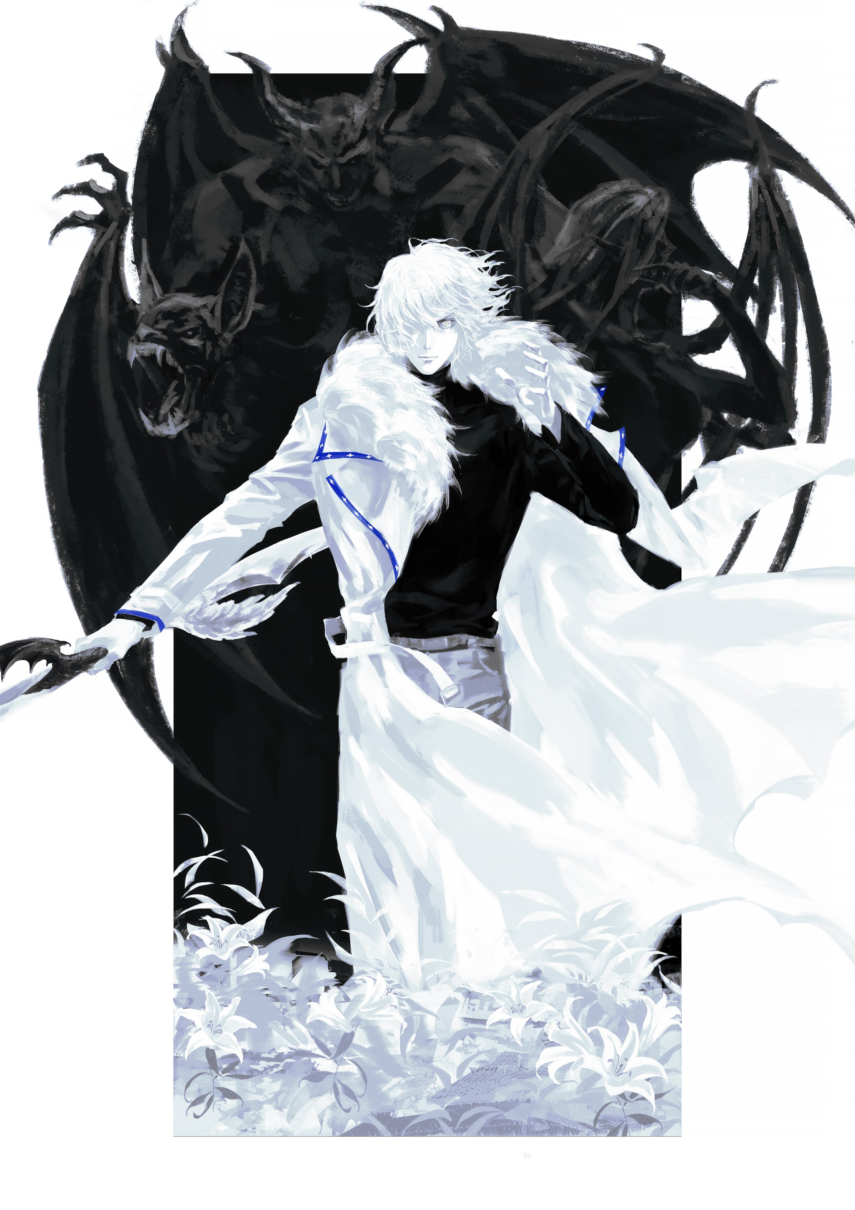 soma cruz, castlevania: aria of sorrow, castlevania (series), absurdres, hashtag-only commentary, highres, 1boy, bat (animal), black shirt, blue trim, coat, demon, demon girl, demon wings, flower, fur collar, hair over one eye, holding, holding weapon, horns, llanvabonx, long sleeves, outside border, pants, petals, shirt, short hair, turtleneck, weapon, white coat, white flower, white hair, white petals, wings