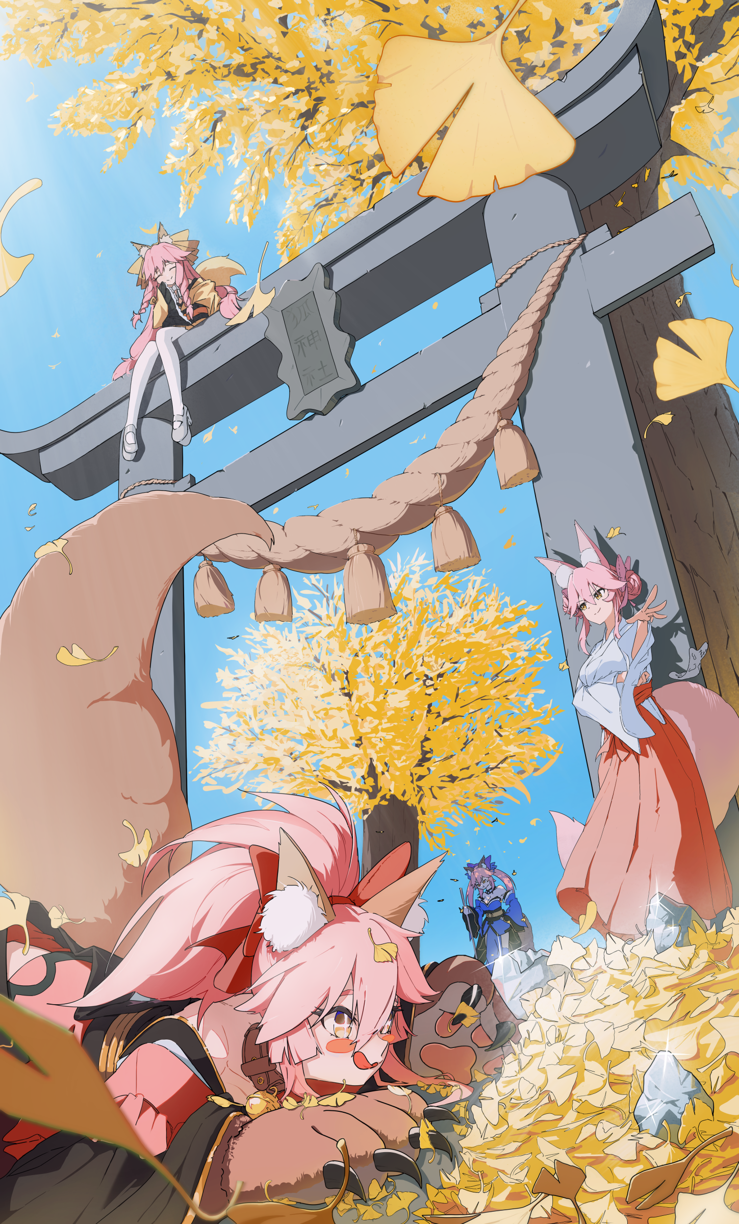 koyanskaya (fate), tamamo aria (fate), tamamo cat (fate), tamamo cat (first ascension) (fate), tamamo no mae (fate), fate/grand order, fate/samurai remnant, fate (series), absurdres, commentary request, highres, 4girls, :t, all fours, animal ear fluff, animal ears, animal hands, bare shoulders, bell, blue kimono, blue sky, blush, bow, braid, braided sidelock, breasts, cat paws, cleavage, closed eyes, closed mouth, collar, double bun, fox ears, fox girl, fox tail, gloves, hair bow, hair bun, hair ribbon, hakama, hand on own hip, japanese clothes, jingle bell, kimono, large breasts, leaf, long hair, long sleeves, looking at another, looking at viewer, miko, multiple girls, neck bell, outdoors, paw gloves, pink hair, ponytail, red hakama, red kimono, red ribbon, ribbon, short eyebrows, short kimono, shuchream, sky, sleeves past fingers, sleeves past wrists, smile, split ponytail, tabi, tail, thighhighs, tongue, torii, tree, wide sleeves, yellow bow, yellow eyes, yellow kimono