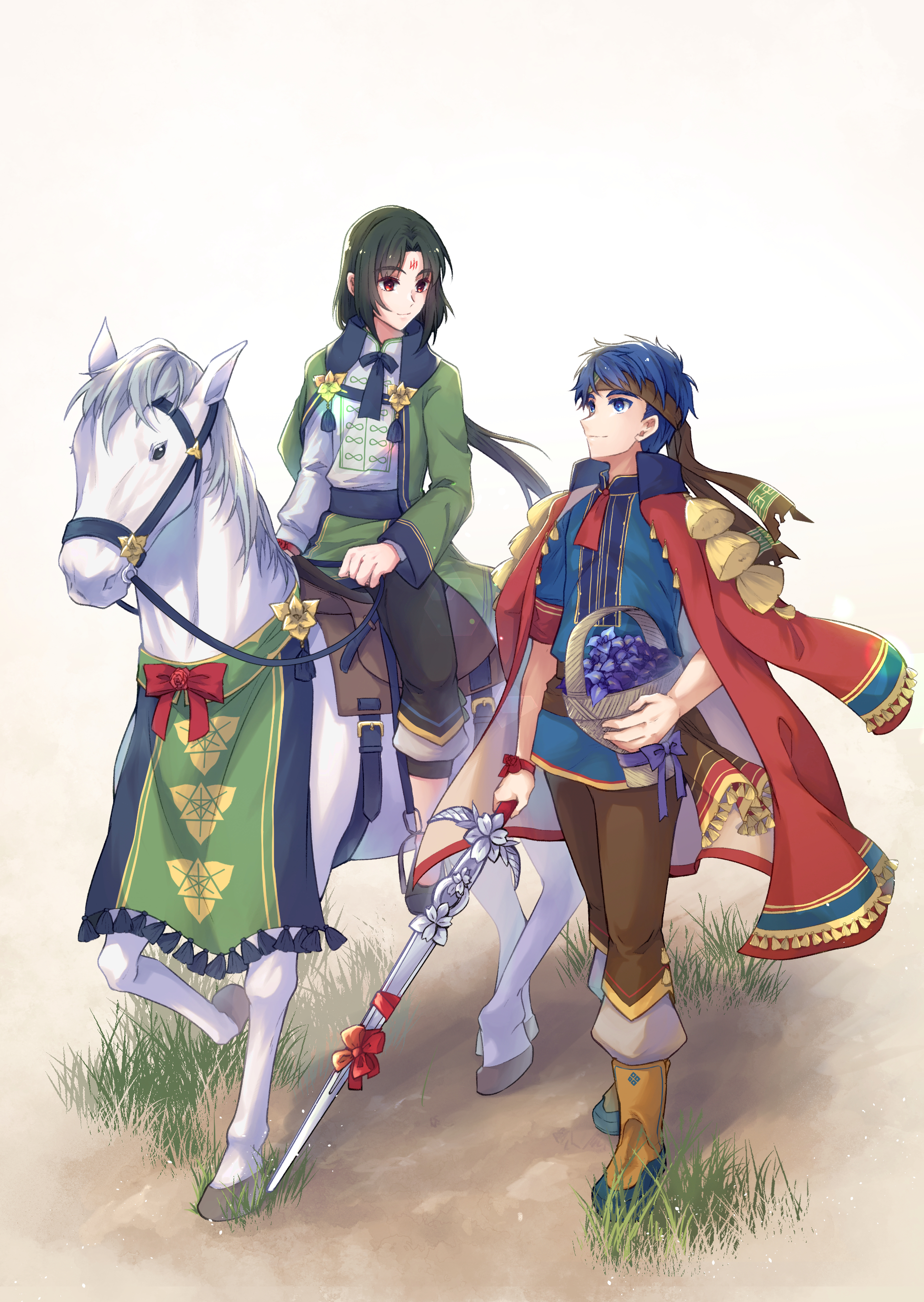 mochi88543, ike (fire emblem), ike (valentine) (fire emblem), soren (fire emblem), soren (valentine) (fire emblem), fire emblem, fire emblem: path of radiance, fire emblem heroes, nintendo, absurdres, commentary request, highres, 2boys, basket, blue eyes, blue hair, coat, coat on shoulders, facial mark, flower basket, forehead mark, headband, holding, holding basket, holding sword, holding weapon, horseback riding, long hair, looking at another, male focus, multiple boys, official alternate costume, red eyes, riding, short hair, sword, weapon, white horse