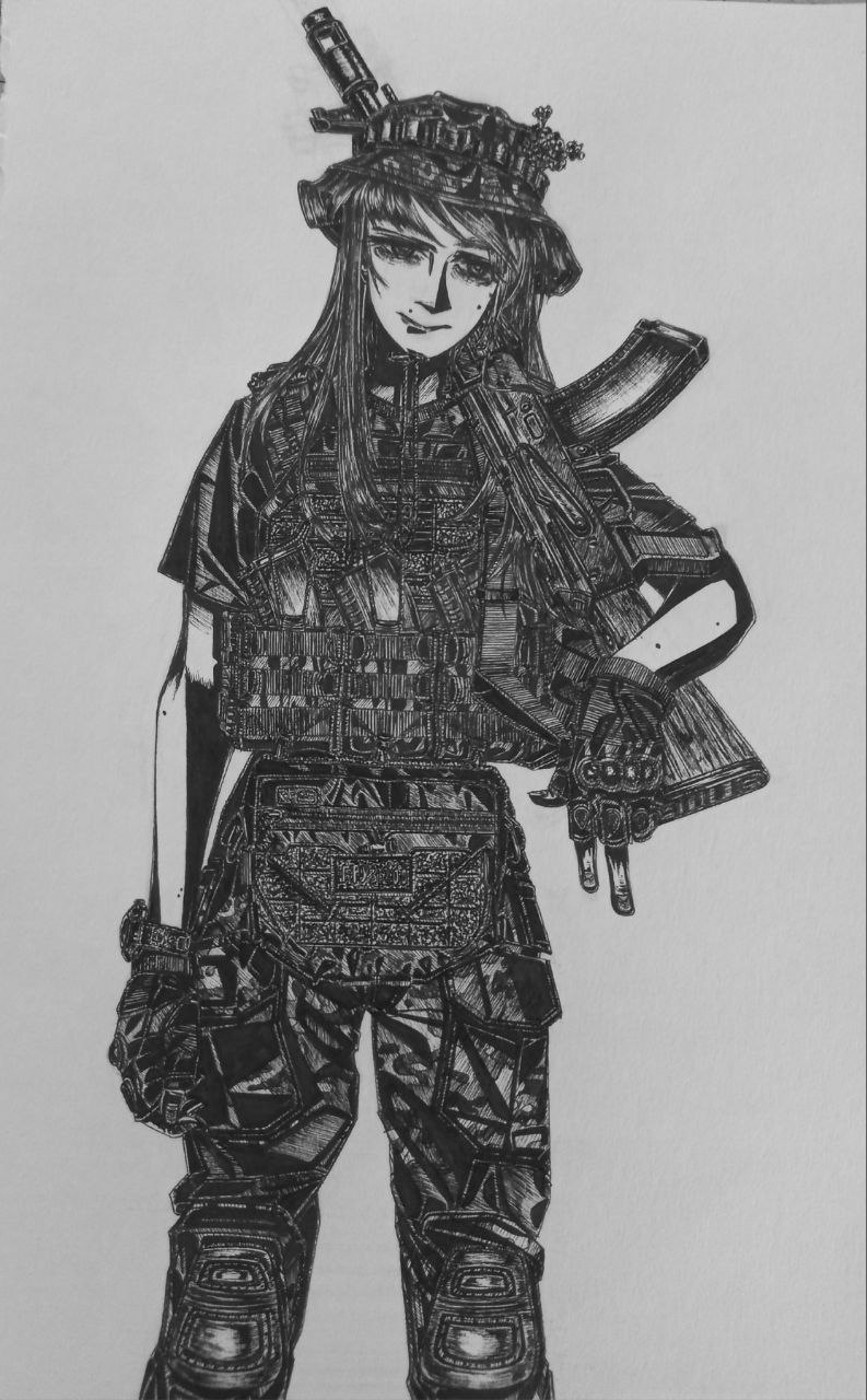 original, highres, photo (medium), 1girl, black gloves, body armor, bonnet, bordfunker133, bulletproof vest, camouflage, carrying over shoulder, digital camouflage, evgenia blinova, gloves, greyscale, kalashnikov rifle, knee guards, mole, monochrome, narrowed eyes, over shoulder, russo-ukrainian war, short sleeves, simple background, smile, soldier, solo, tactical gloves, war in donbass, weapon, weapon over shoulder, white background