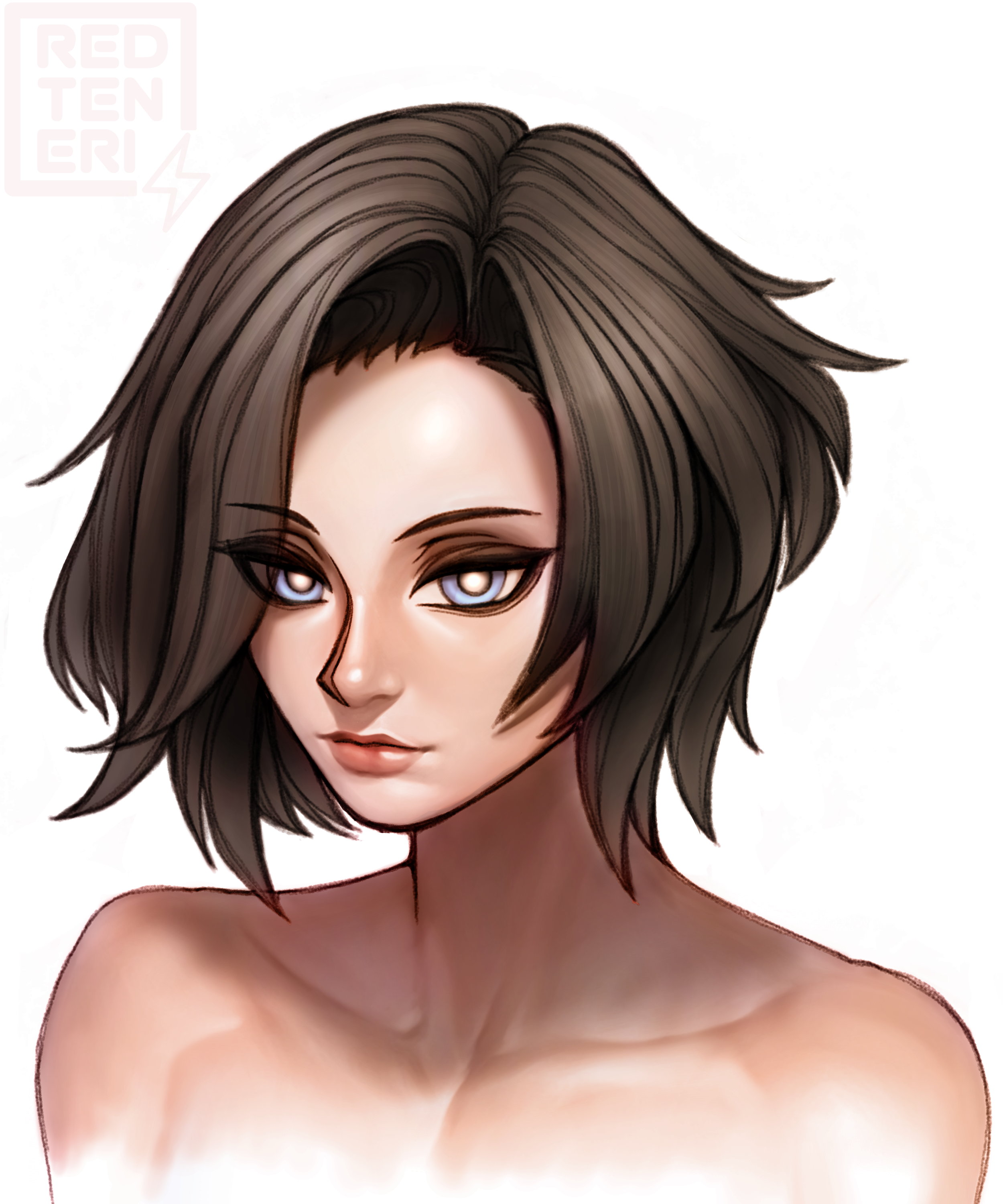 redteneri, jet (shadow slave), shadow slave, absurdres, commentary, english commentary, highres, 1girl, blue eyes, bright pupils, brown hair, looking at viewer, portrait, short hair, smile, solo, topless female, white pupils