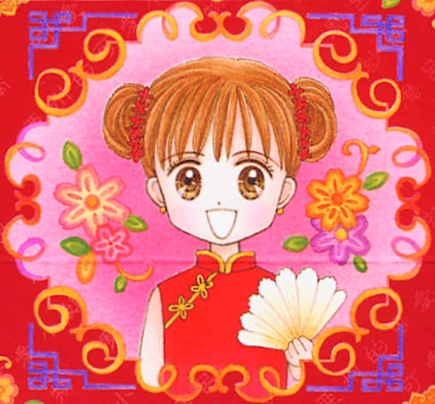 obana miho, kurata sana, kodomo no omocha, jpeg artifacts, official art, 1990s (style), double bun, earrings, hair bun, hand fan, jewelry, red hair, retro artstyle, solo
