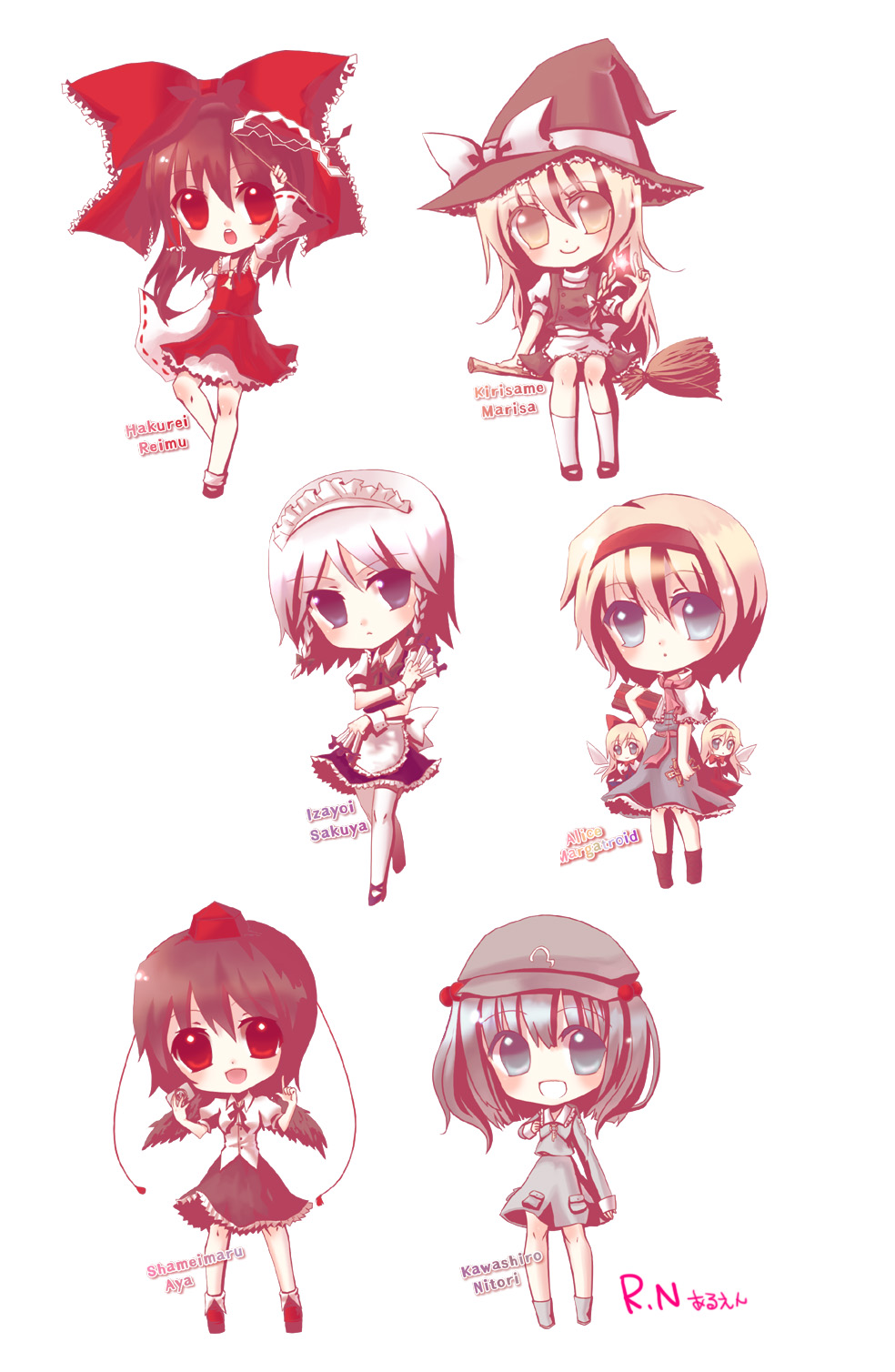 aruen, alice margatroid, hakurei reimu, hourai doll, izayoi sakuya, kawashiro nitori, kirisame marisa, shameimaru aya, shanghai doll, touhou, silver hair, bad id, bad pixiv id, highres, 6+girls, black hair, black wings, blonde hair, blue eyes, blue hair, blush, bow, braid, broom, brown hair, camera, chibi, detached sleeves, female focus, hairband, hat, japanese clothes, knife, long hair, maid, miko, multiple girls, red eyes, ribbon, short hair, skirt, throwing knife, tokin hat, twin braids, two side up, weapon, wings, witch, witch hat, yellow eyes