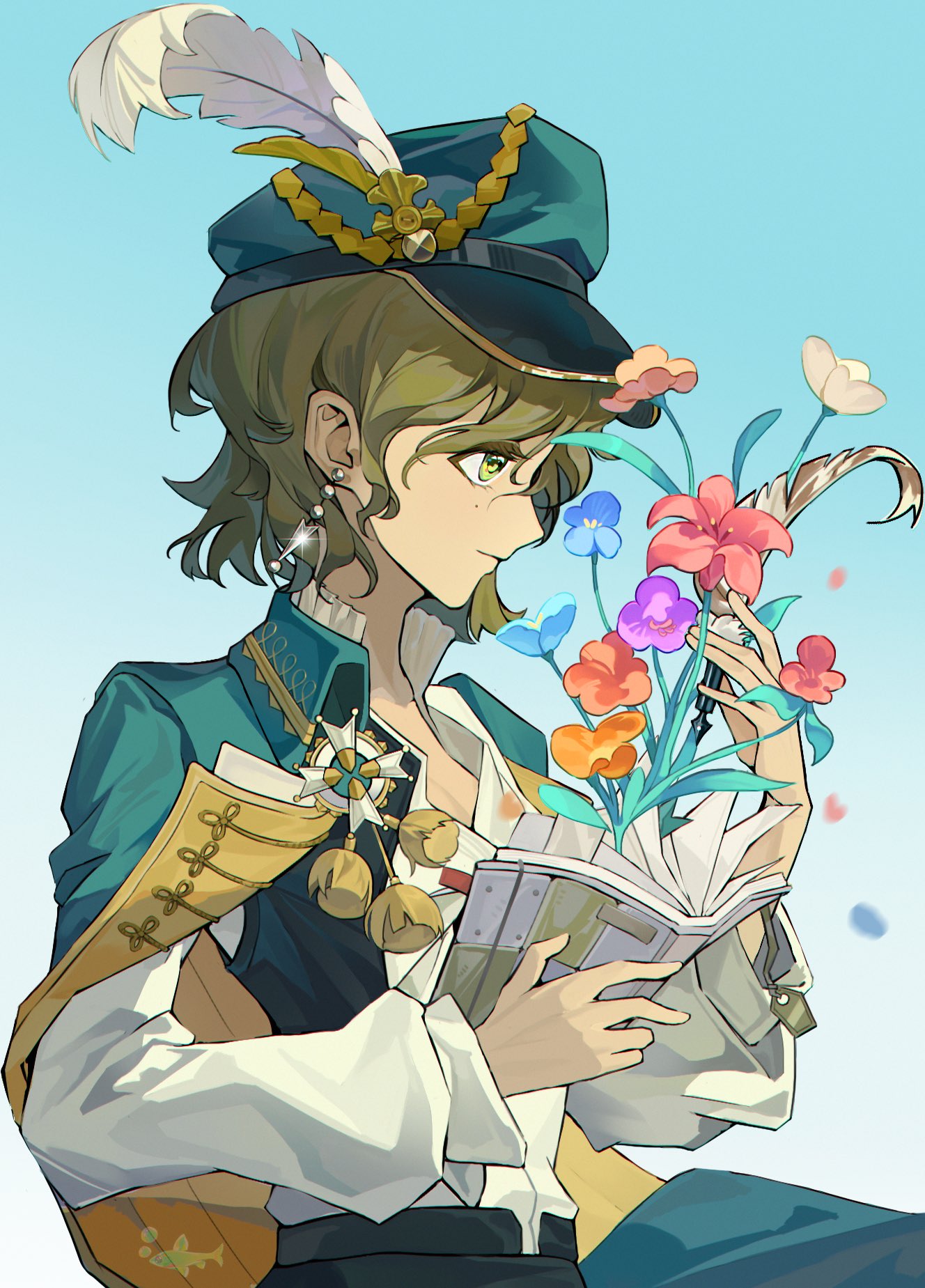 recoleta (reverse:1999), reverse:1999, commentary, english commentary, highres, 1girl, black vest, blue background, blue flower, brown hair, cape, closed mouth, flower, from side, gradient background, green cape, green eyes, green hat, hat, hat feather, holding, holding notebook, holding quill, hydrogen fish, newsboy cap, notebook, profile, purple flower, quill, red flower, shirt, short hair, solo, upper body, vest, white flower, white shirt