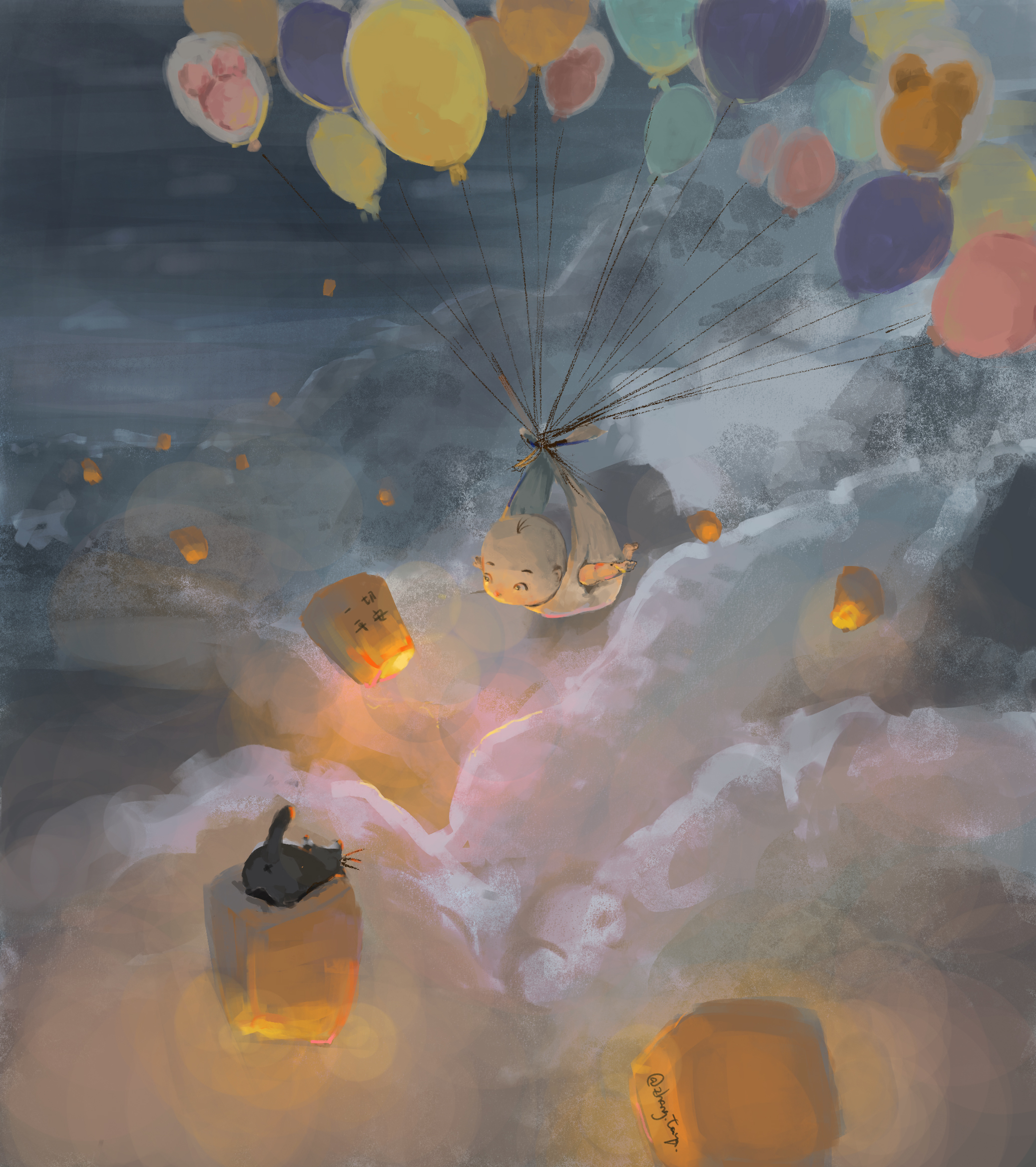 original, commentary, english commentary, highres, 1other, above clouds, ambiguous gender, animal, baby, balloon, cat, cloud, floating, lantern, night, outdoors, outstretched arms, paper lantern, sky lantern, spread arms, surreal, user hqj0429