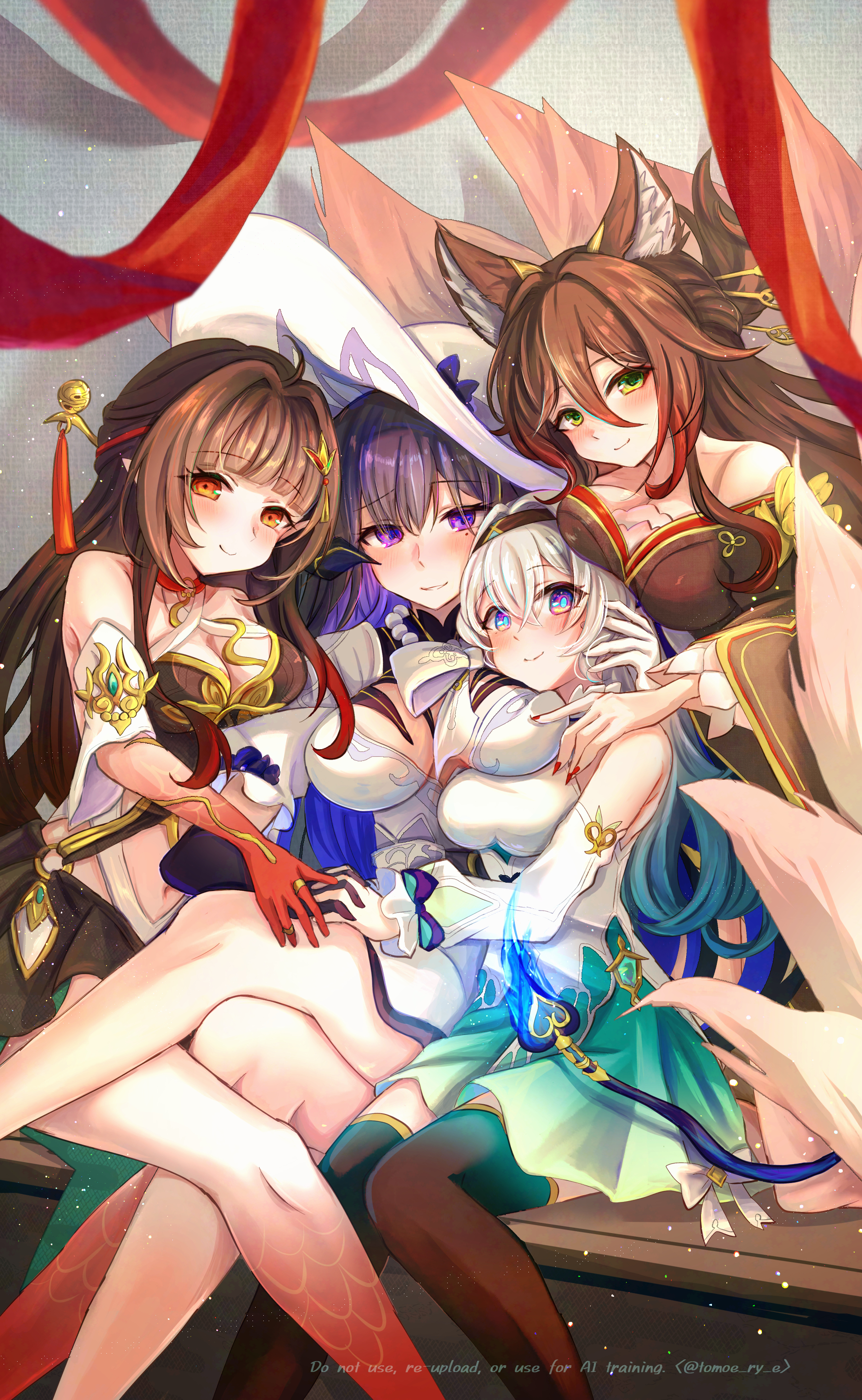 tomoe (pixiv 53856103), constance (honkai: star rail), firefly (honkai: star rail), fugue (honkai: star rail), lingsha (honkai: star rail), tingyun (honkai: star rail), honkai: star rail, honkai (series), absurdres, commentary request, highres, 4girls, ahoge, animal ear fluff, bare shoulders, black hair, blonde hair, breasts, brown hair, cleavage, detached sleeves, dress, fox girl, green eyes, hair ornament, hat, headband, large breasts, long hair, looking at viewer, medium breasts, mole, mole under eye, multiple girls, nail polish, off shoulder, pointy ears, purple eyes, red eyes, scales, sitting, sun hat, tail, thighhighs, thighs, very long hair