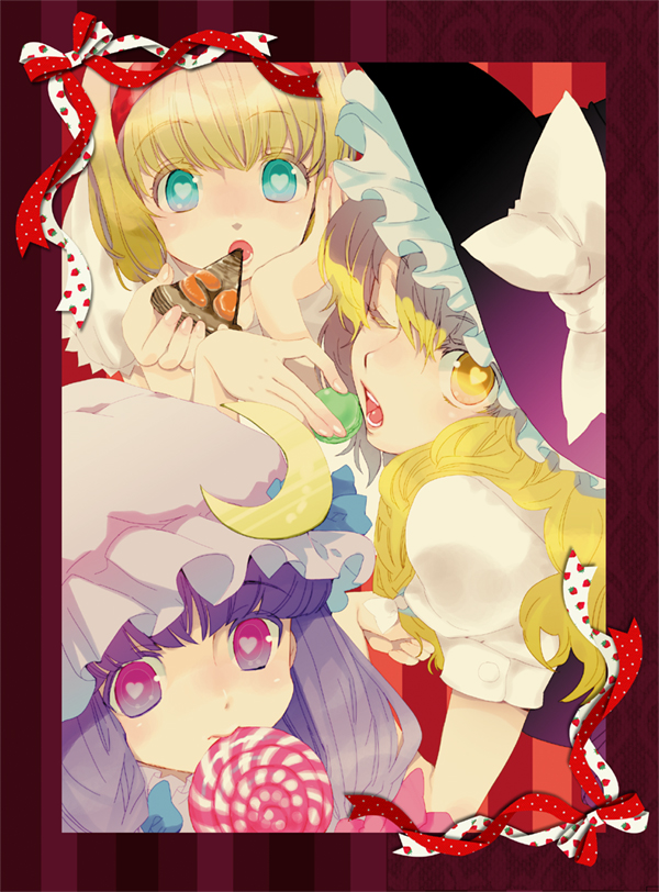 niboshi (iemizu), niboshi (pixiv89893), alice margatroid, kirisame marisa, patchouli knowledge, touhou, 3girls, blonde hair, blue eyes, braid, female focus, hairband, hat, heart, long hair, multiple girls, purple eyes, purple hair, short hair, witch, witch hat, yellow eyes