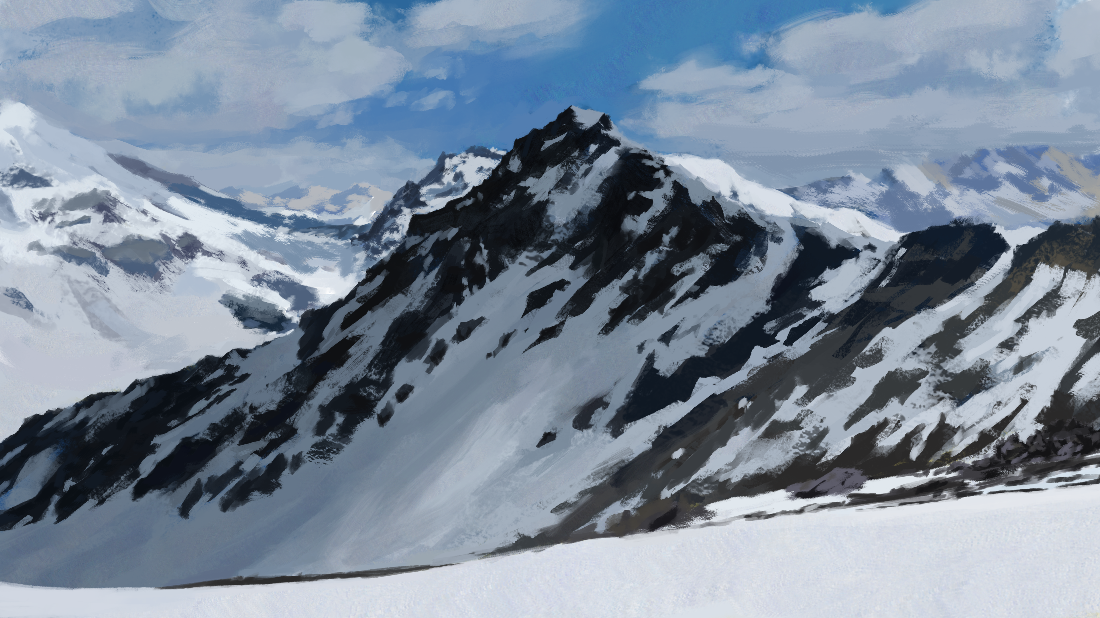 original, absurdres, art study, commentary, english commentary, highres, blue sky, cloud, cloudy sky, day, landscape, morekey, mountain, mountainous horizon, no humans, outdoors, scenery, sky, snow