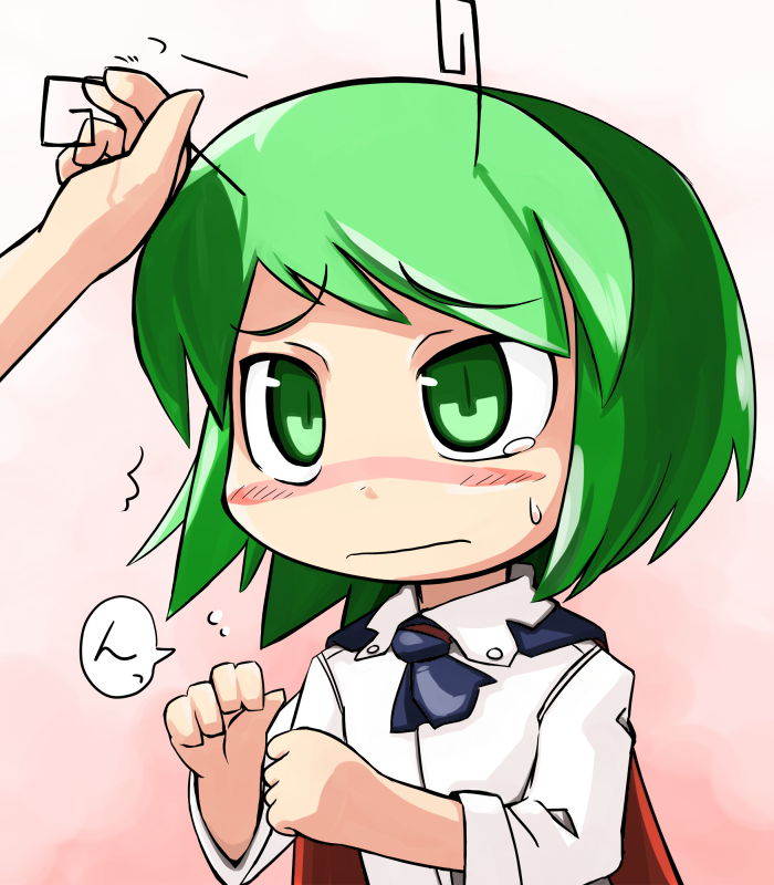 ugif, wriggle nightbug, touhou, 1girl, antenna grab, antennae, blush, cape, chibi, female focus, gradient background, green eyes, green hair, matching hair/eyes, short hair, solo, sweatdrop, tears, upper body