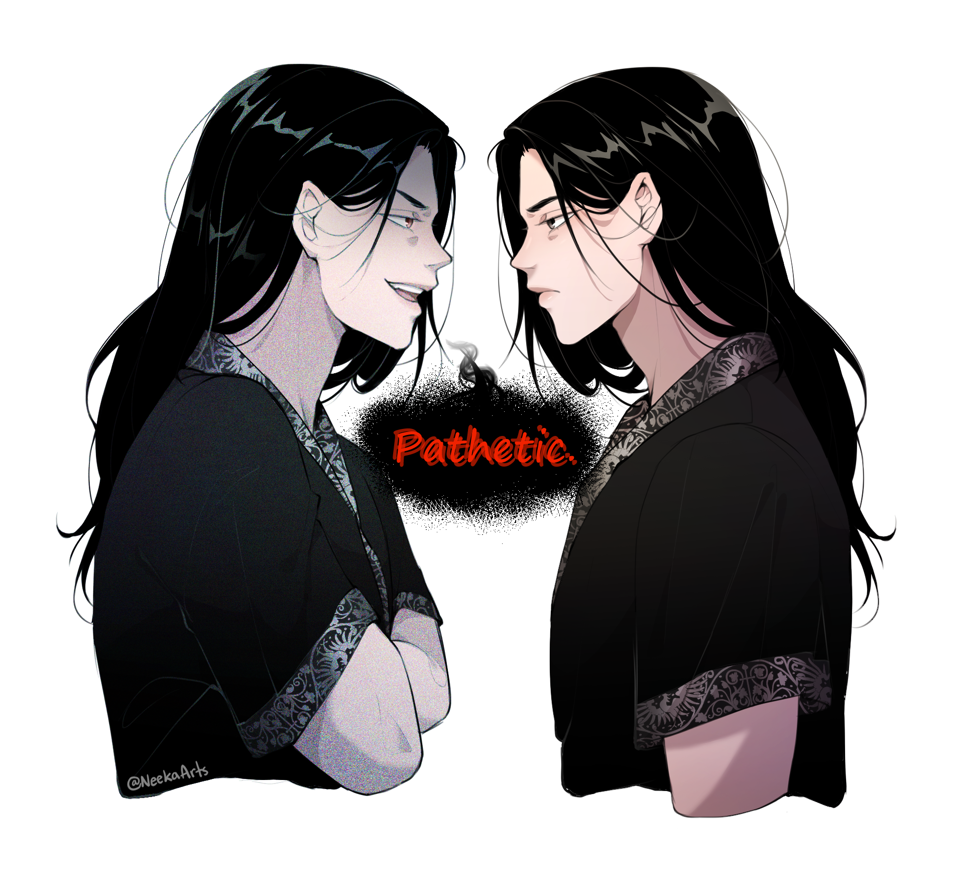 sunny (shadow slave), shadow slave, commentary, english commentary, highres, 2boys, black eyes, black hair, black tunic, clone, crossed arms, english text, grin, long hair, looking at another, multiple boys, narrowed eyes, neekaarts, partially shaded face, smile, tunic, upper body